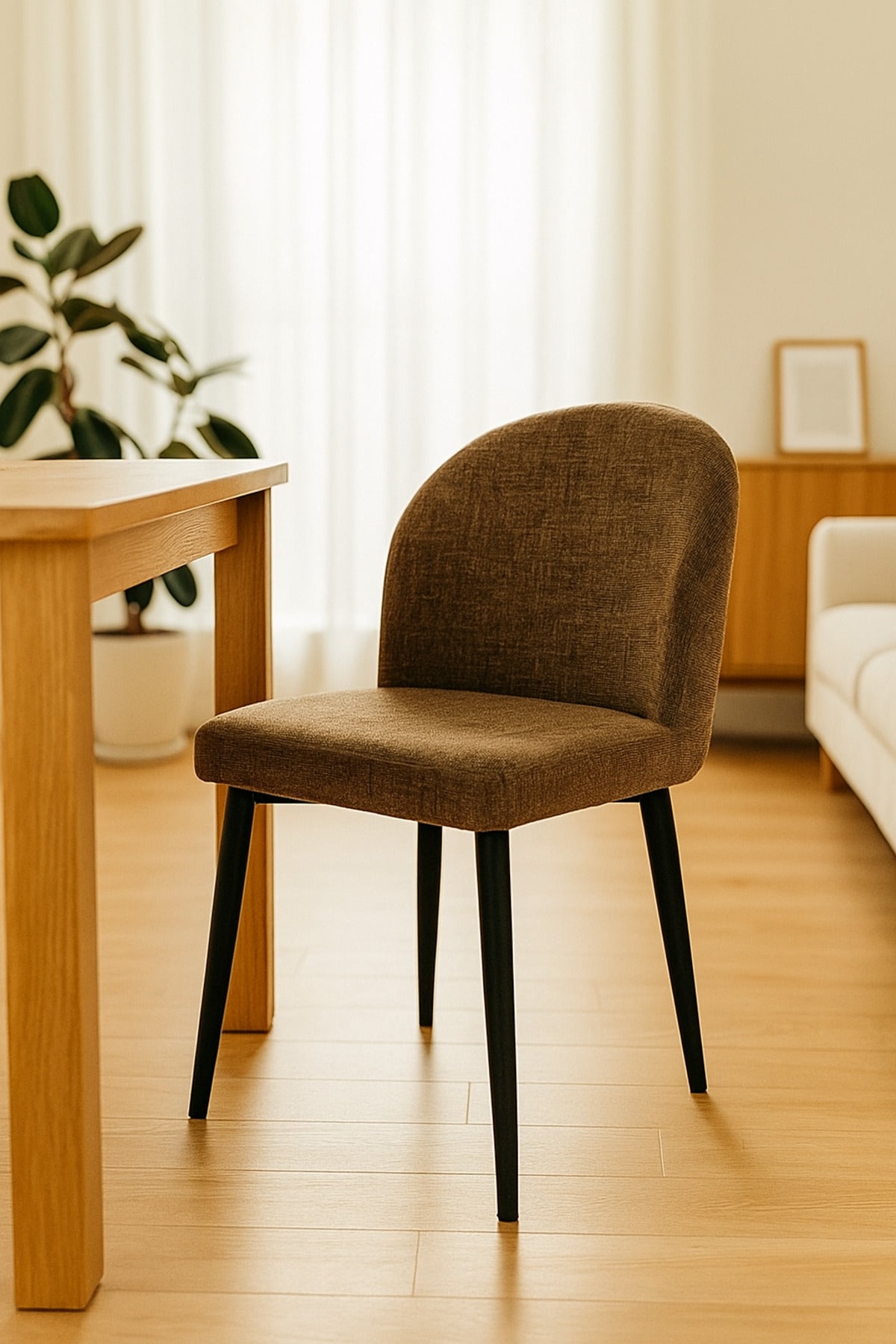 Brown Fabric Dining Chair Modern Upholstered Curved Back Chair with Black Metal Legs for Dining Room