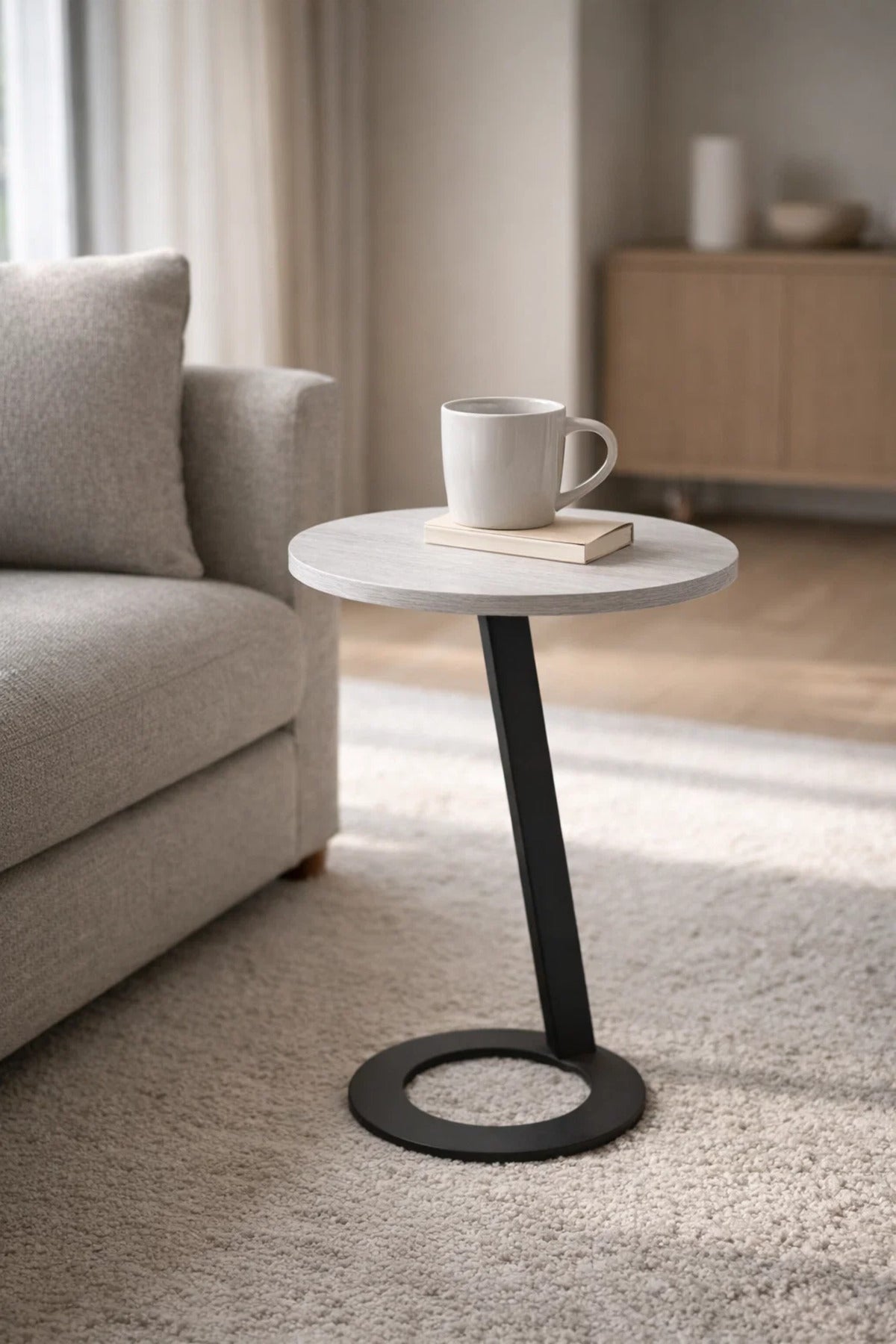 Light Grey Round Side Table 45_45_60 CM Wooden Top with Black Metal Base light grey