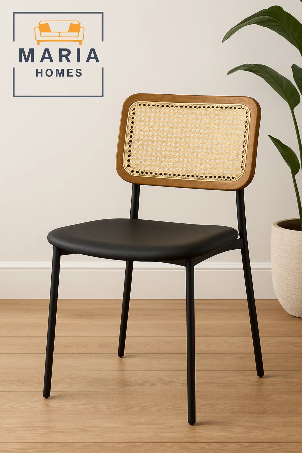 Contemporary Black Chair with Cane Backrest and Faux Leather Seat Ð Sleek Dining or Accent Chair