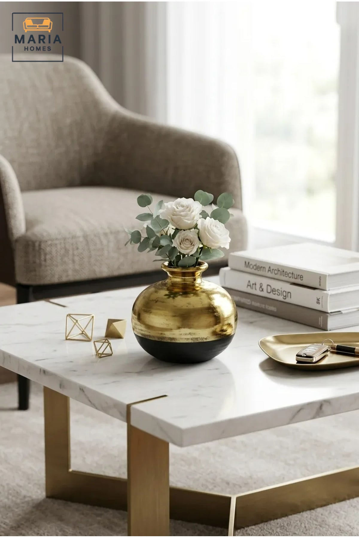Modern Decorative Flower Vase with Gold-Tone Finish, Rounded Body and Contrasting Base for Living Room, Bedroom, Office, Shelf and Console Décor