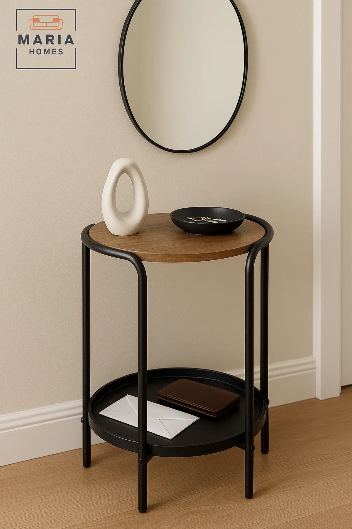 Round Side Table with Wood Top and Black Metal Frame with Tray Shelf