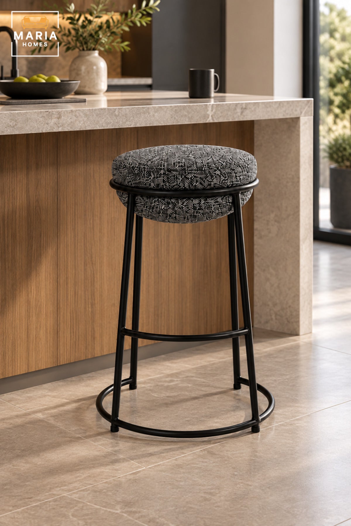 Modern Round Bar Stool with Padded Fabric Seat & Circular Footrest | Grey Upholstered High Counter Chair with Slim Black Frame for Kitchen and Café 70x33cm