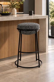 Modern Round Bar Stool with Padded Fabric Seat & Circular Footrest | Grey Upholstered High Counter Chair with Slim Black Frame for Kitchen and Café 70x33cm