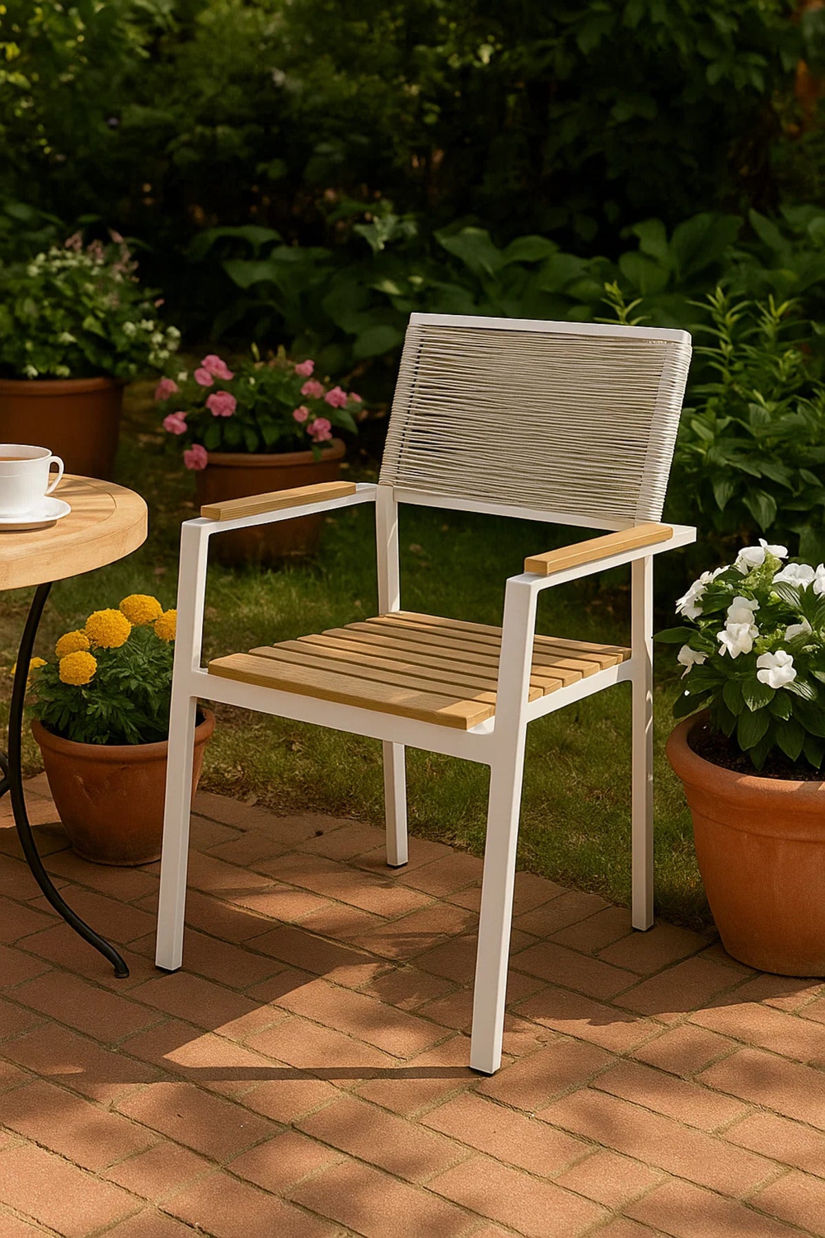 Modern Outdoor Garden Chair with Armrest White Metal Frame Patio Dining Balcony