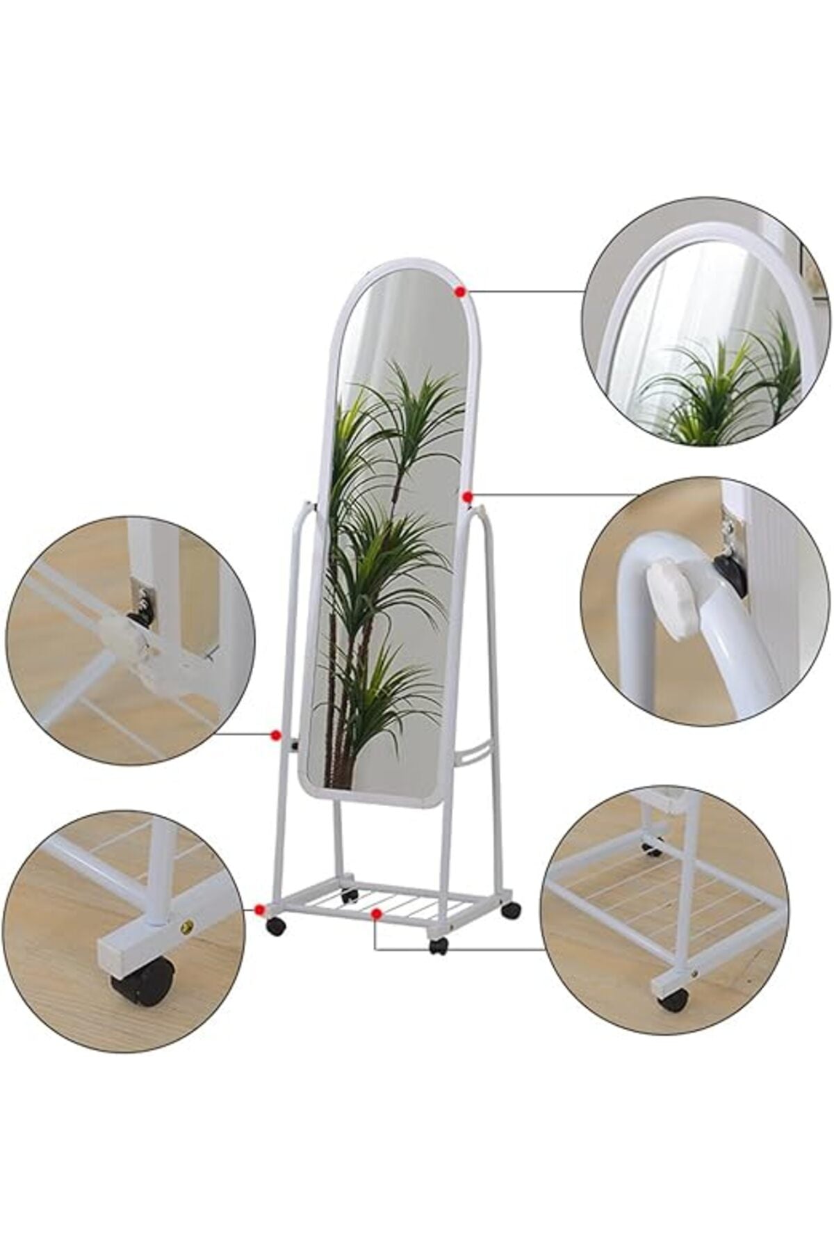Full-Length White Mirror with Wheels and Storage Rack Standing Dressing Mirror for Bedroom