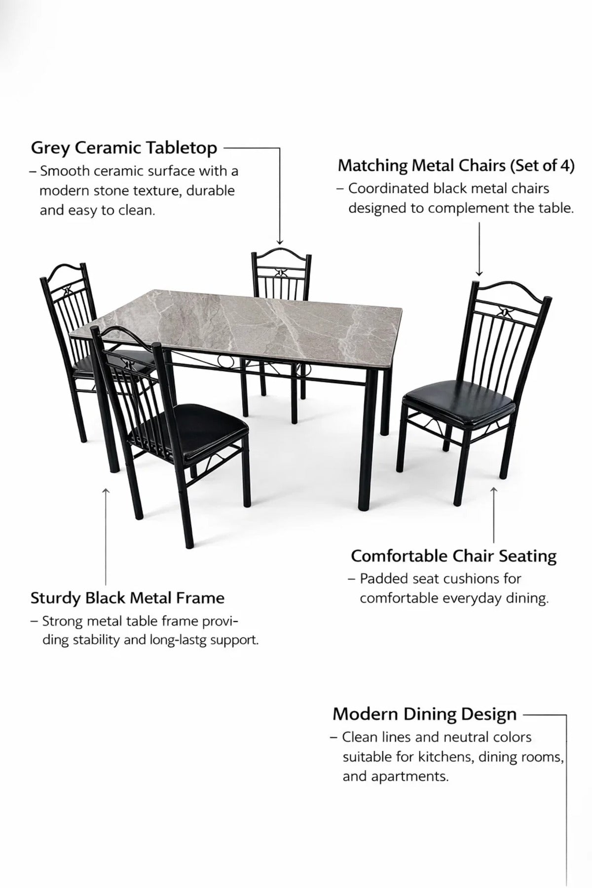 Modern Marble Dining Table Set with Cushioned Chairs 1+4 Seating for Contemporary Spaces