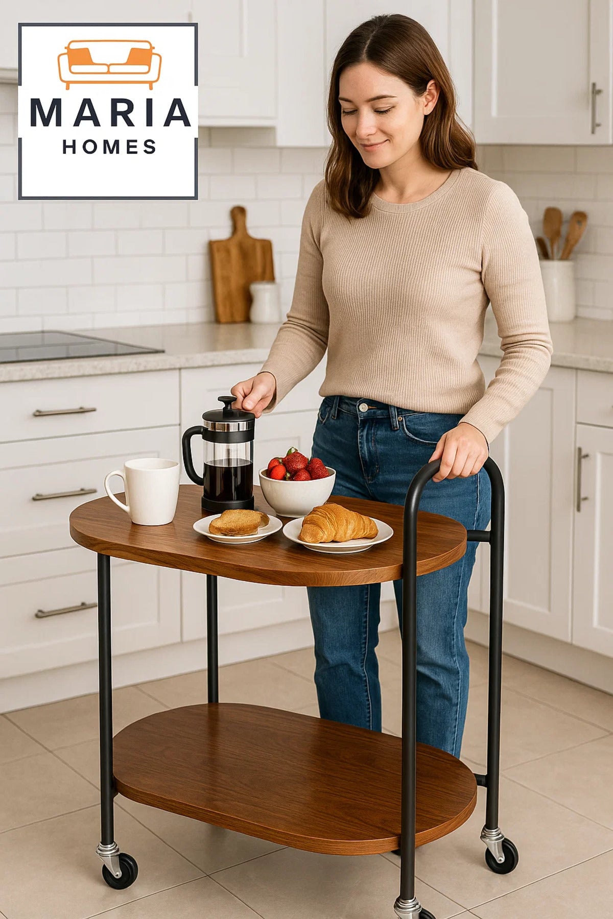 Oval 2-Tier Wooden Bar Cart Ð Walnut Finish Serving Trolley with Black Metal Frame and Wheels