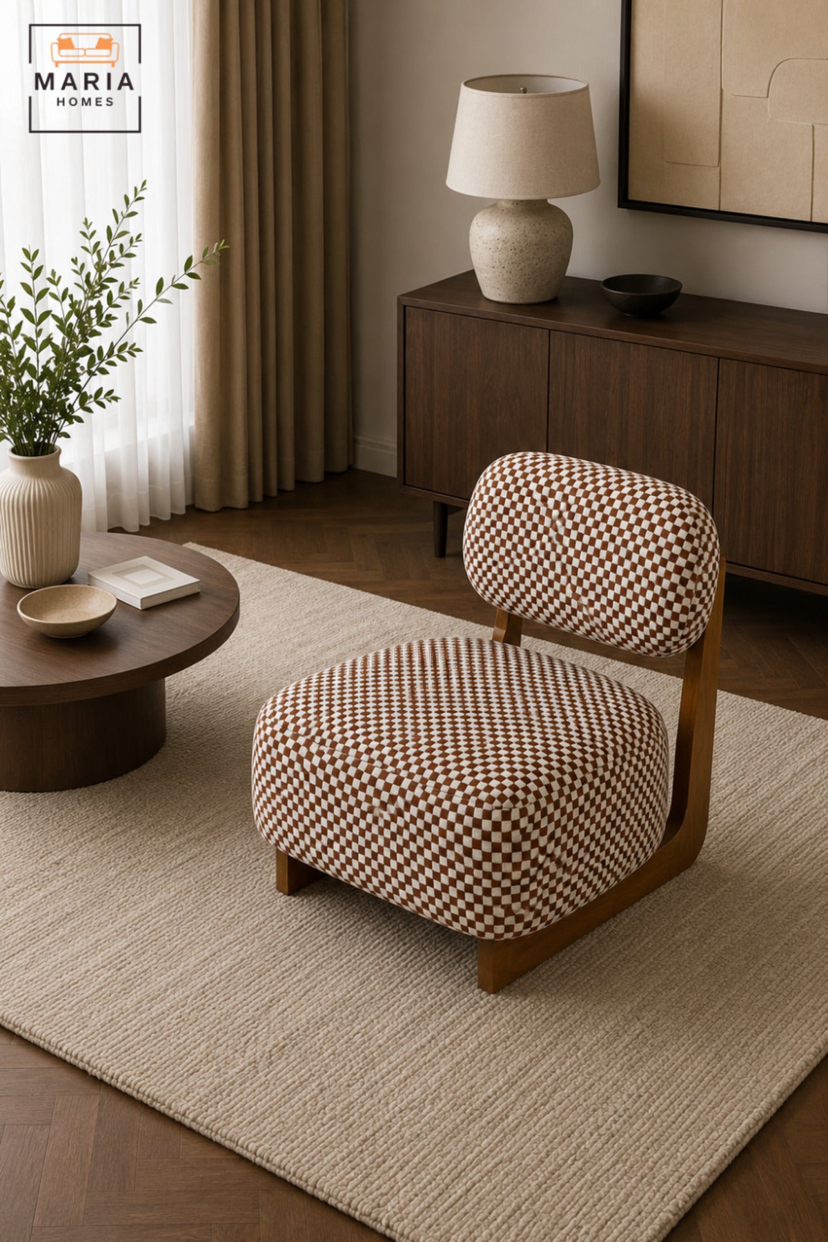 Modern Checkered Upholstered Accent Chair with Wooden Frame & Padded Backrest | Contemporary Armless Lounge Chair for Living Room, Bedroom & Reception