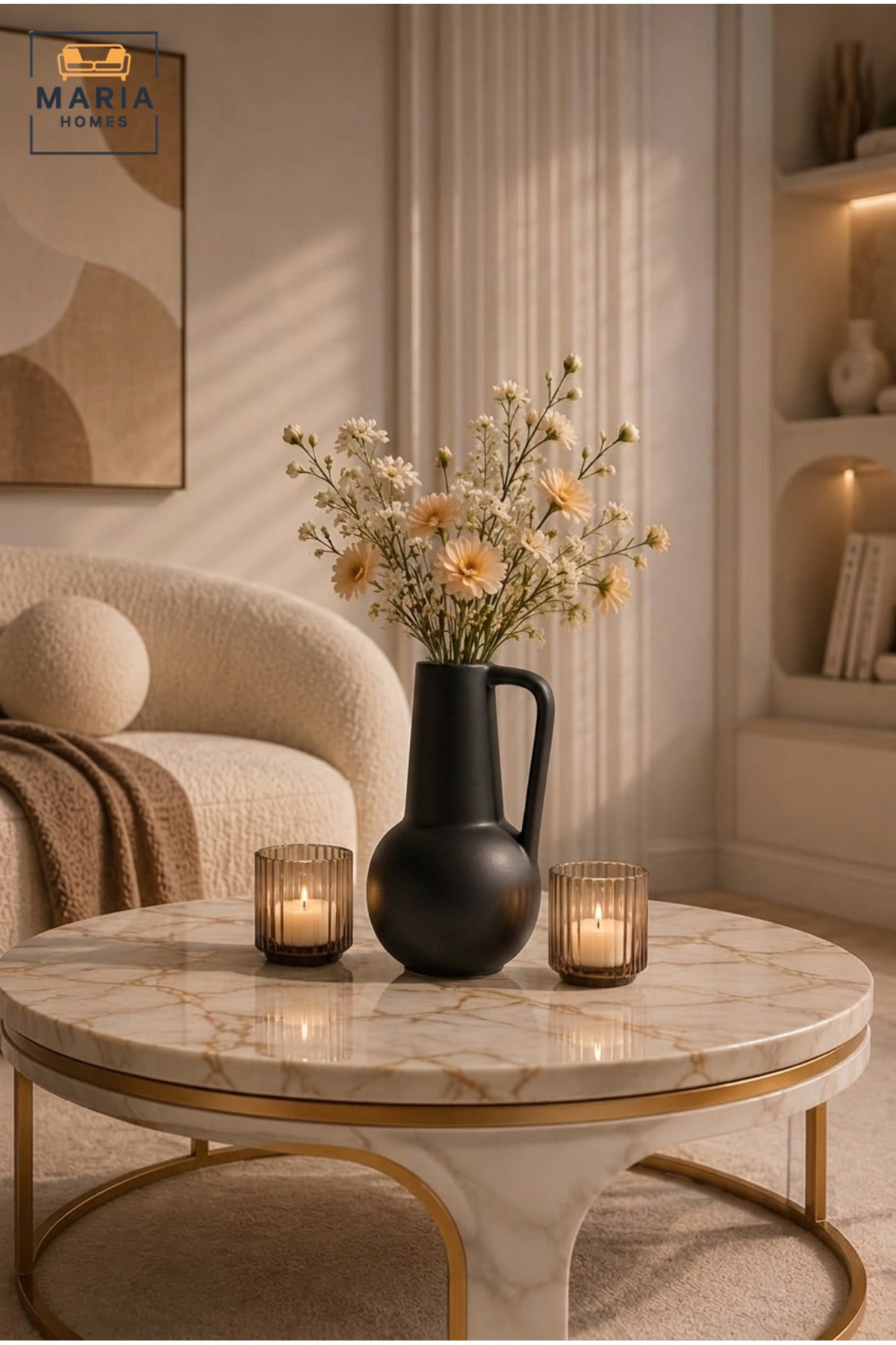 Modern Decorative Flower Vase with Handle, Rounded Body and Narrow Neck for Living Room, Bedroom, Office, Shelf, Console Table and Home Décor