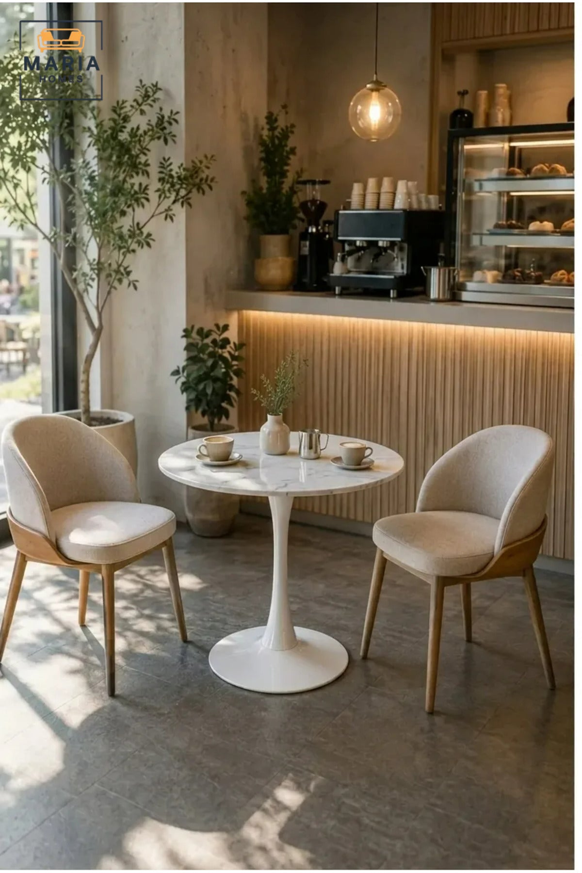 Modern Round Café Table with Marble-Effect Top and Sculpted Pedestal Base for Coffee Shop, Restaurant, Bistro, Hotel and Indoor Dining Area