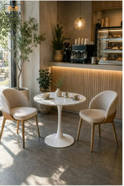 Modern Round Café Table with Marble-Effect Top and Sculpted Pedestal Base for Coffee Shop, Restaurant, Bistro, Hotel and Indoor Dining Area