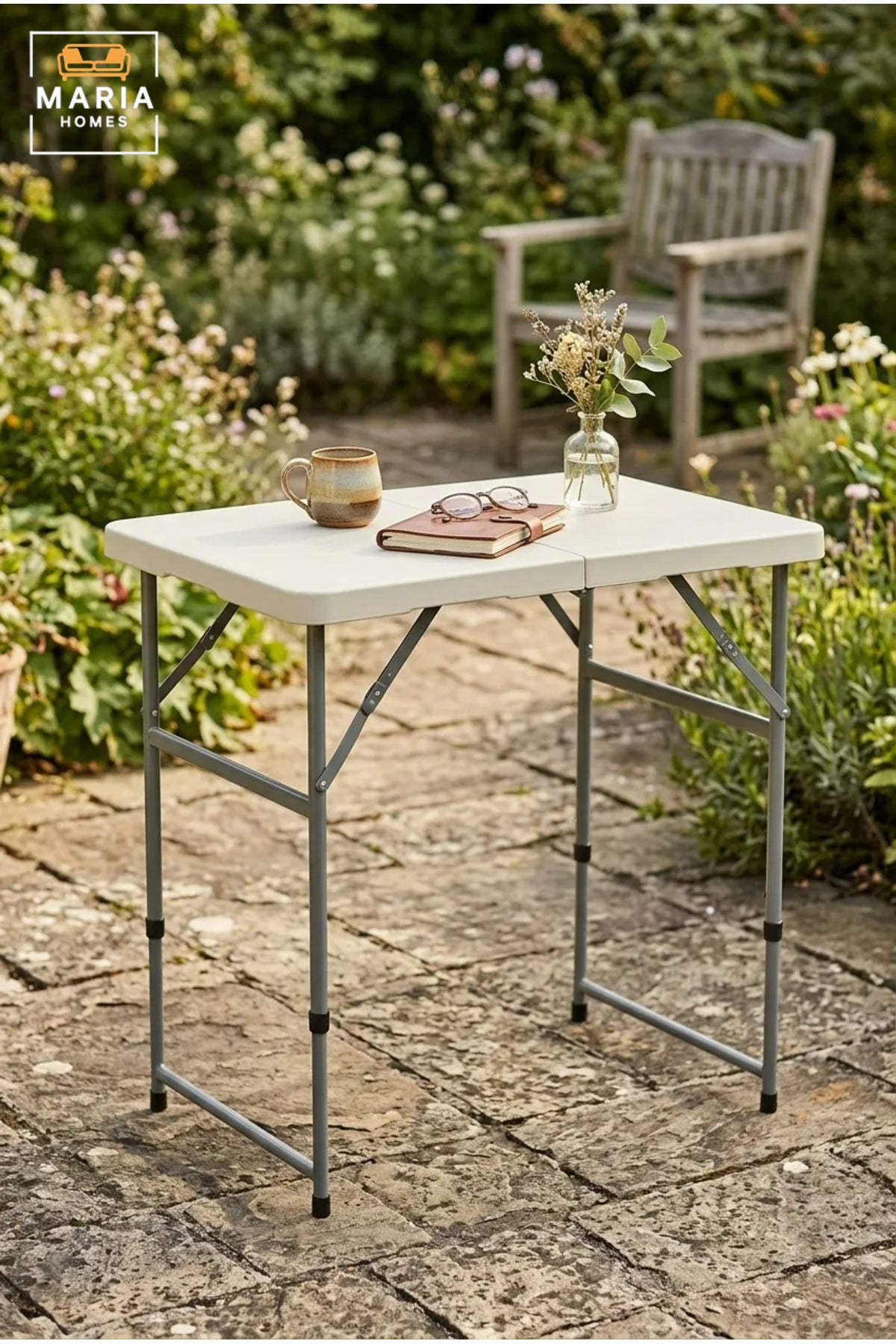 Portable Folding Table with Carry Handle and Adjustable Metal Legs, Compact Multipurpose Table for Camping, Picnic, Garden, Events and Indoor Use