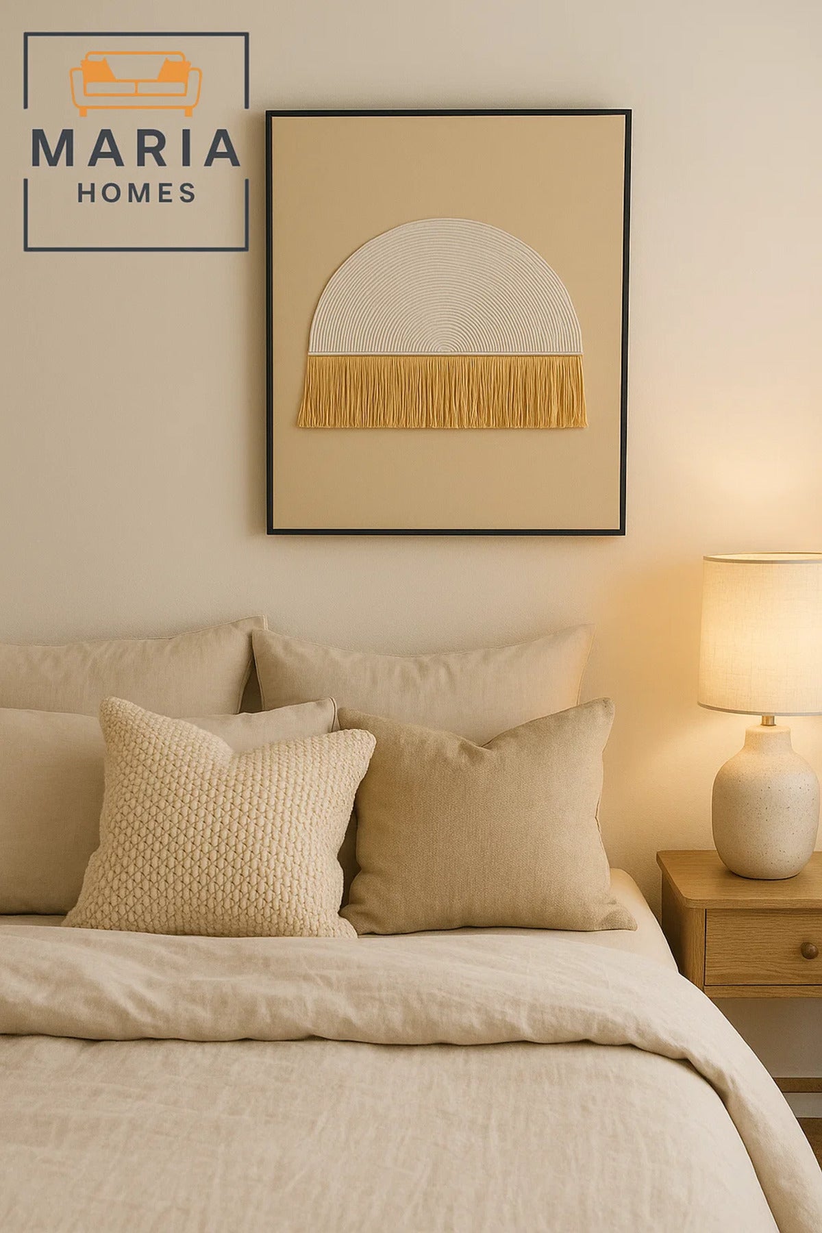 Beige Wall Art with Textured Half Circle and Yellow Fringe Accent-size80*120 CM