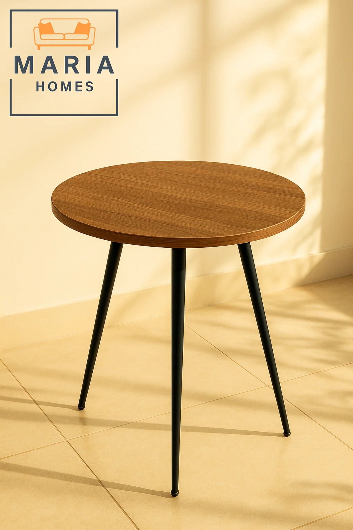 Round Light Wood Side Table with Black Tapered Legs