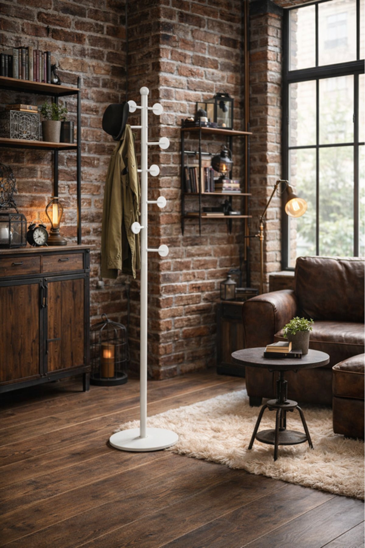 Minimalist White Floor Standing Coat Rack with Round Knobs for Entryway Bedroom and Office Storage