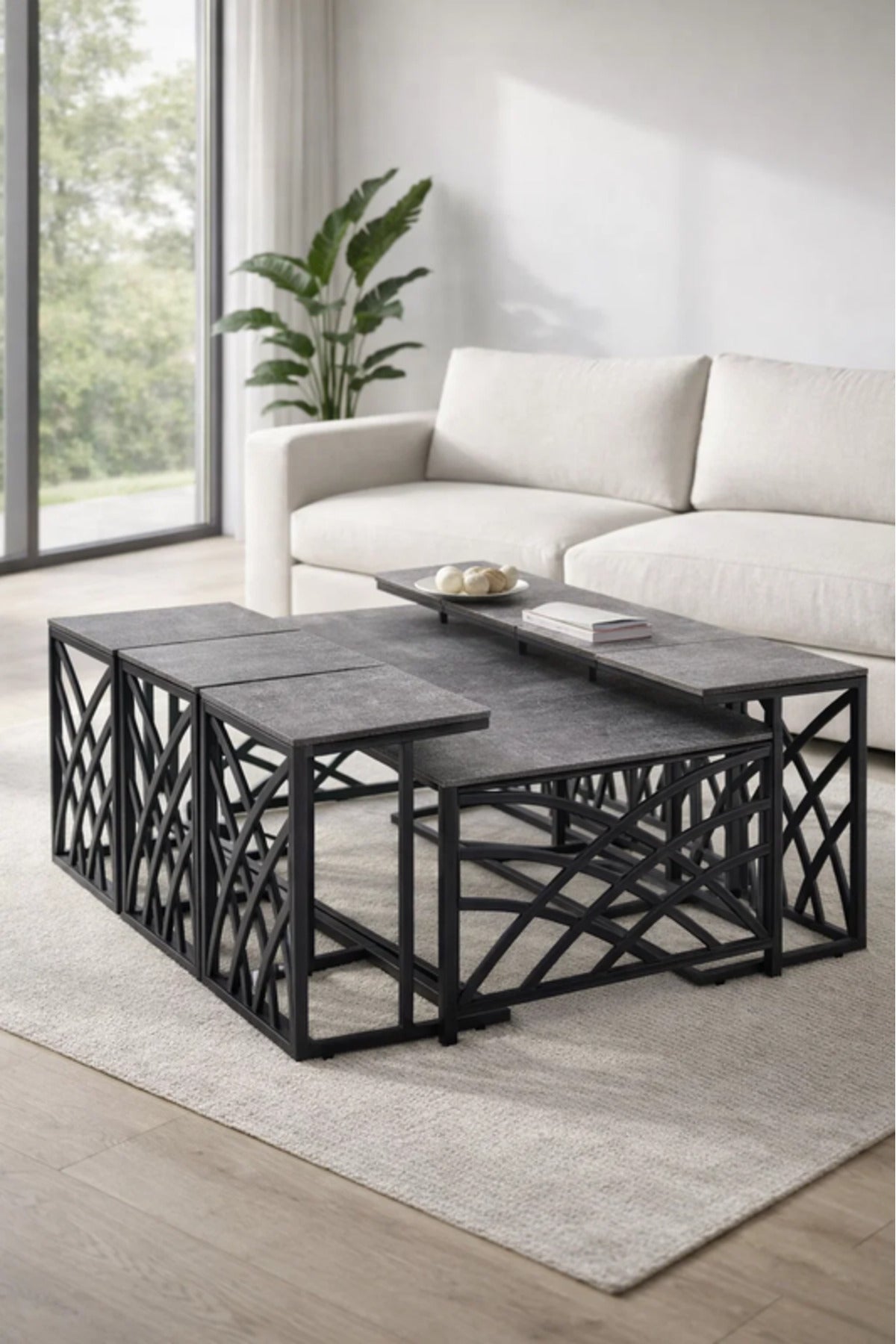 Modern Grey Coffee Table Set with 6 Side Tables 130 _ 70 _ 45 cm
