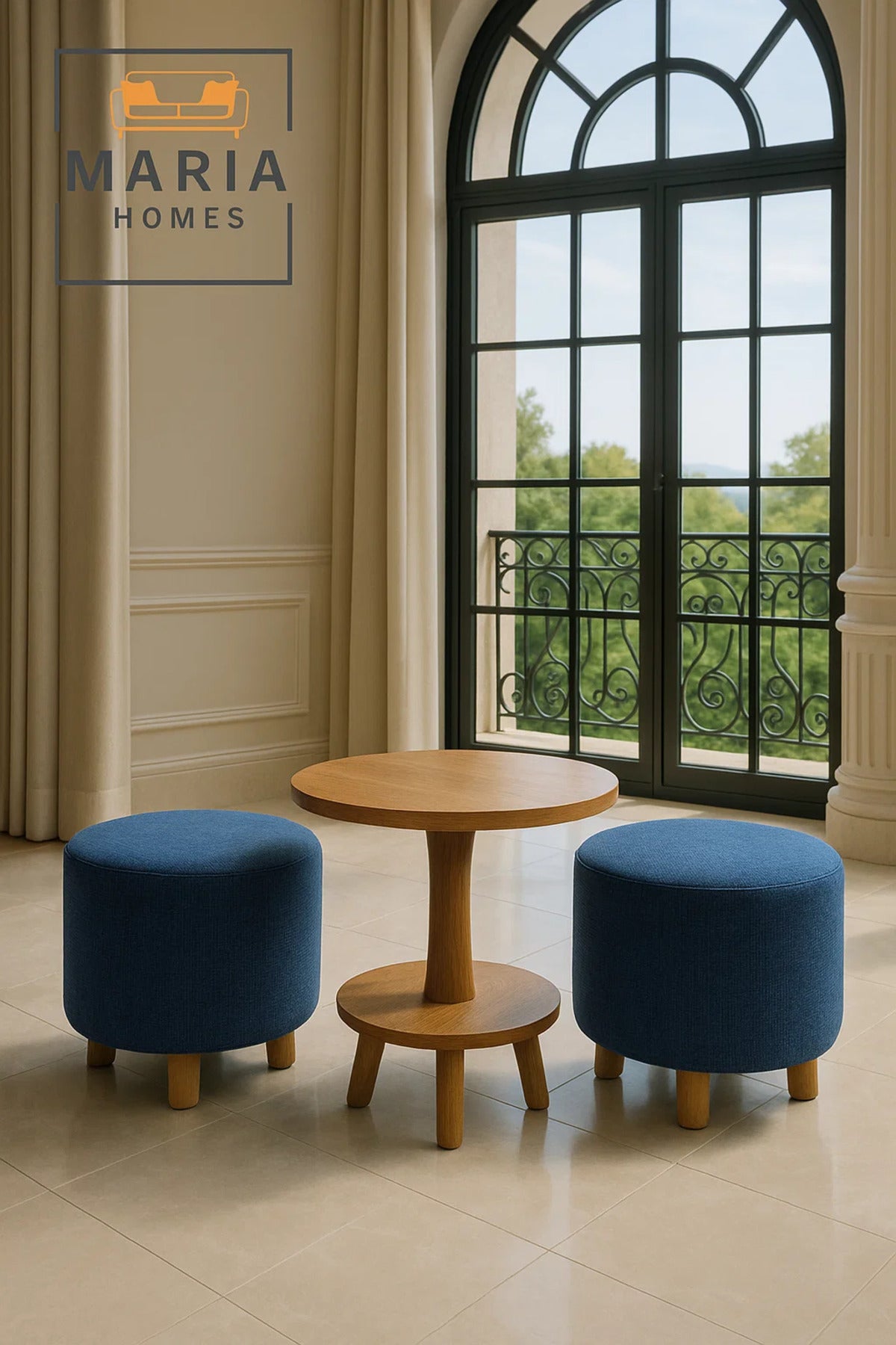 Round Blue Velvet Ottoman Stool Ð Modern Wooden Legs for Living Room or Bedroom
