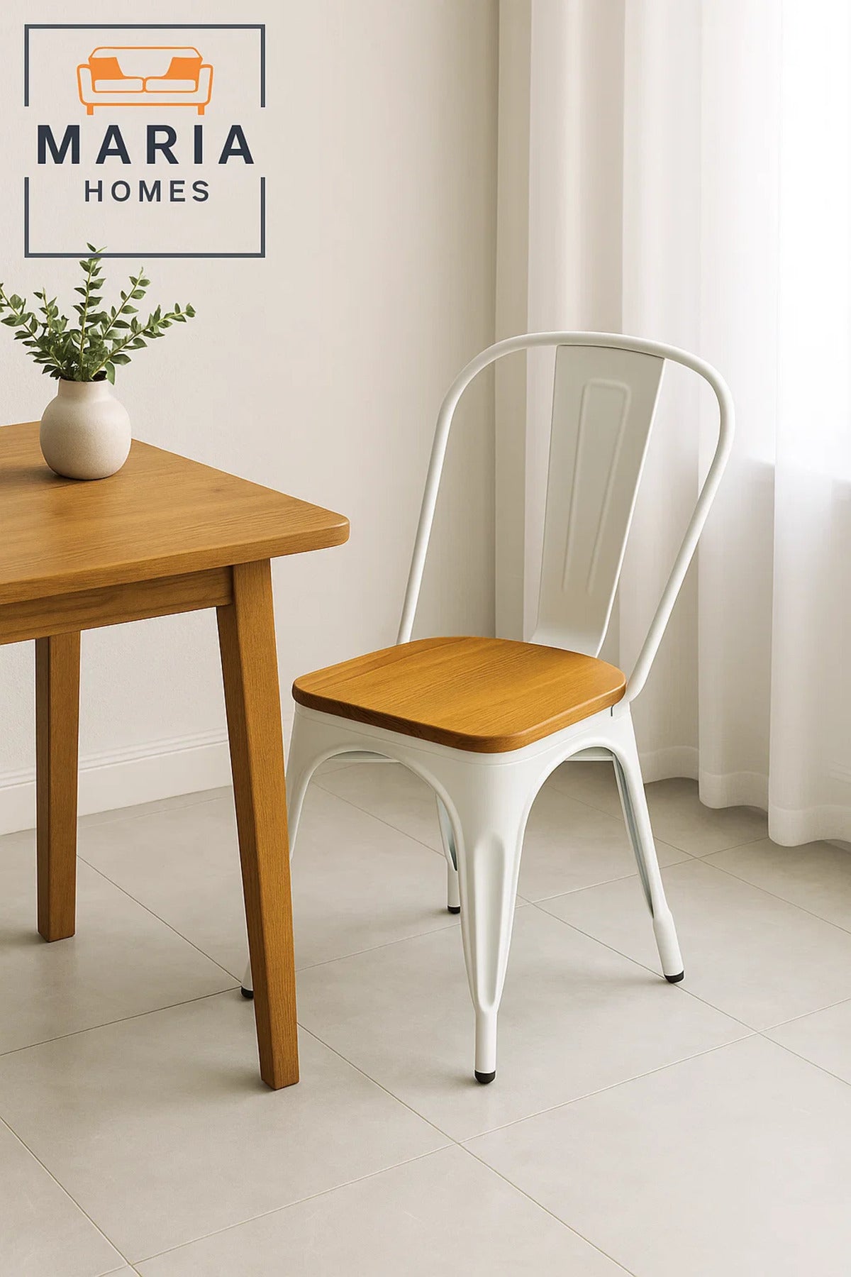 White Industrial Metal Chair with Wooden Seat Ð Modern Vintage Dining Chair