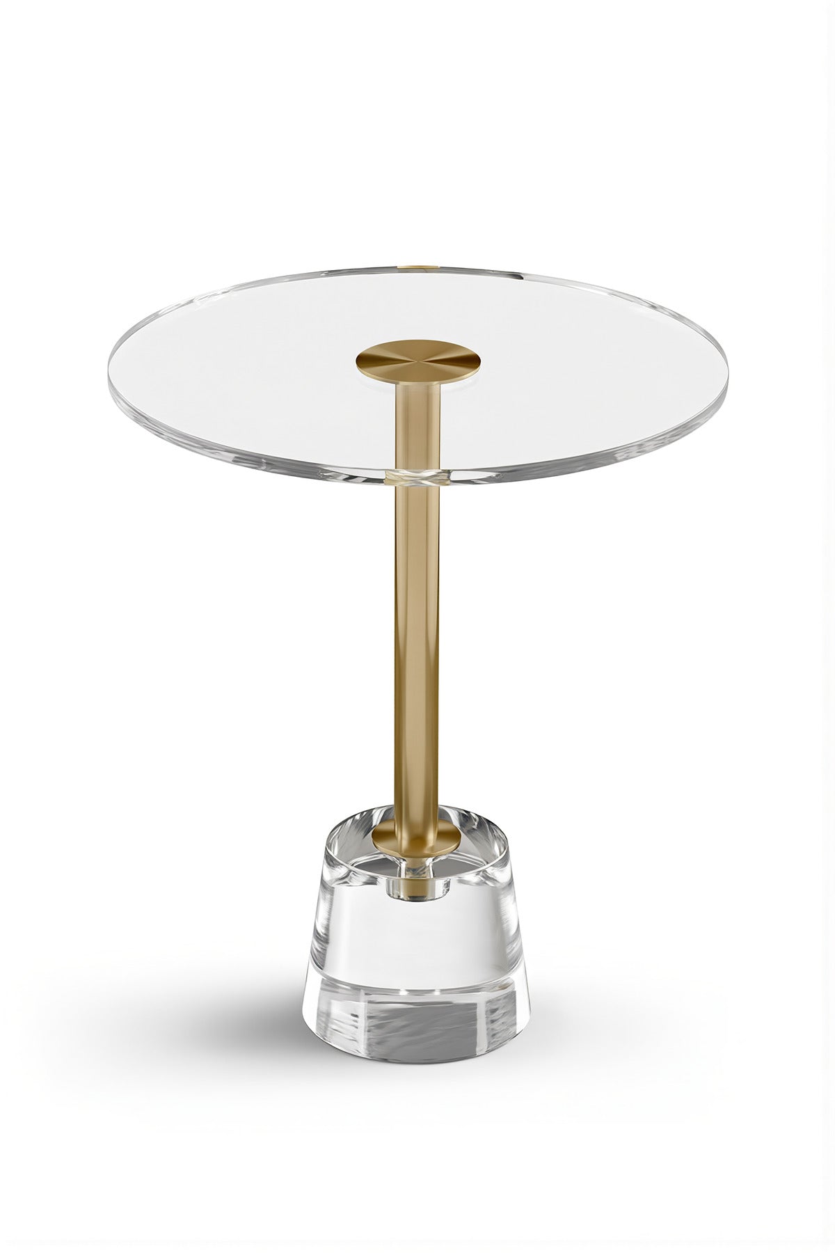 Modern Acrylic Round Side Table 40_40_50 cm with Gold Metal Support Clear Crystal Base