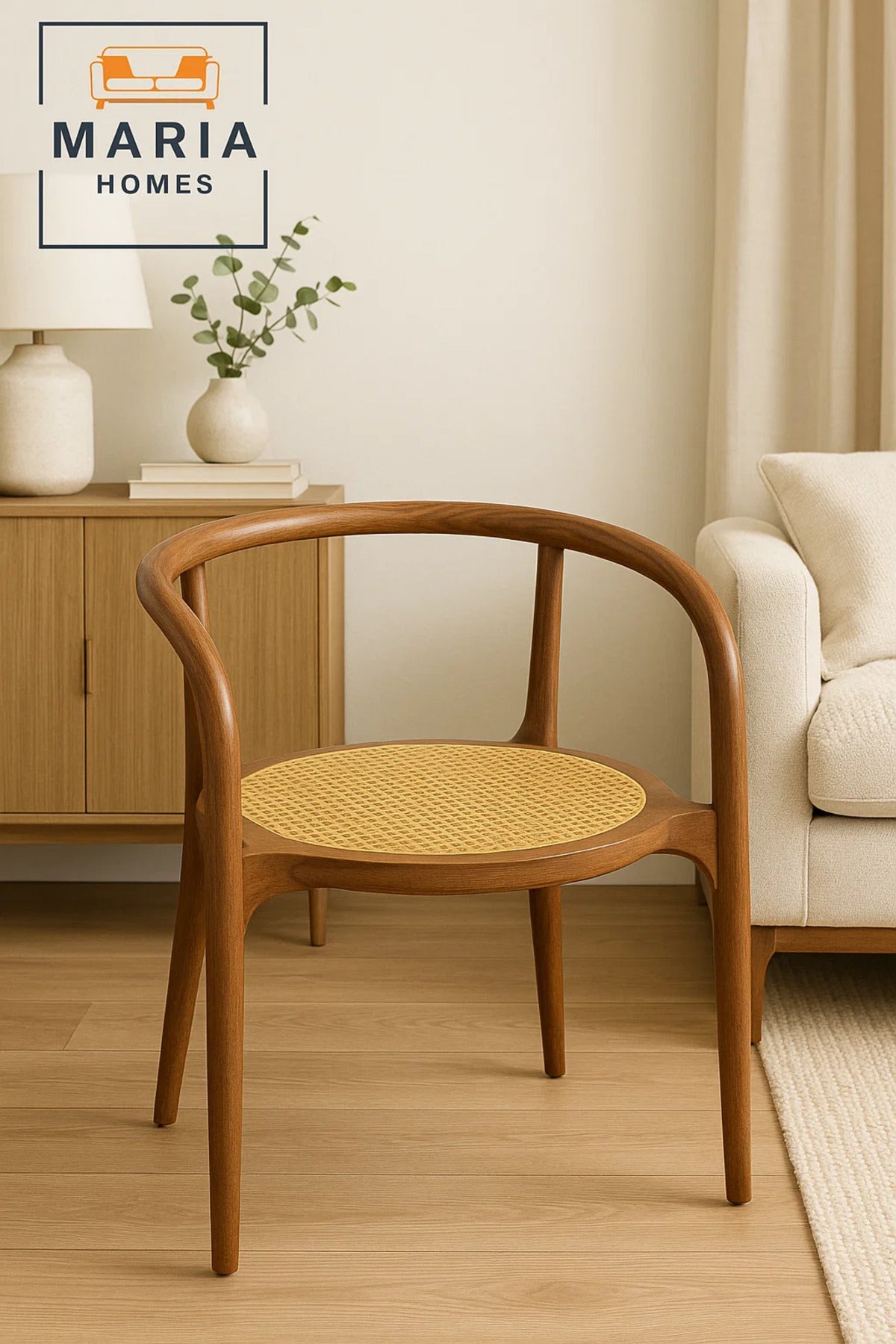 Round Back Walnut Cane Chair Ð Elegant Curved Wood Frame Armchair with Woven Rattan Seat