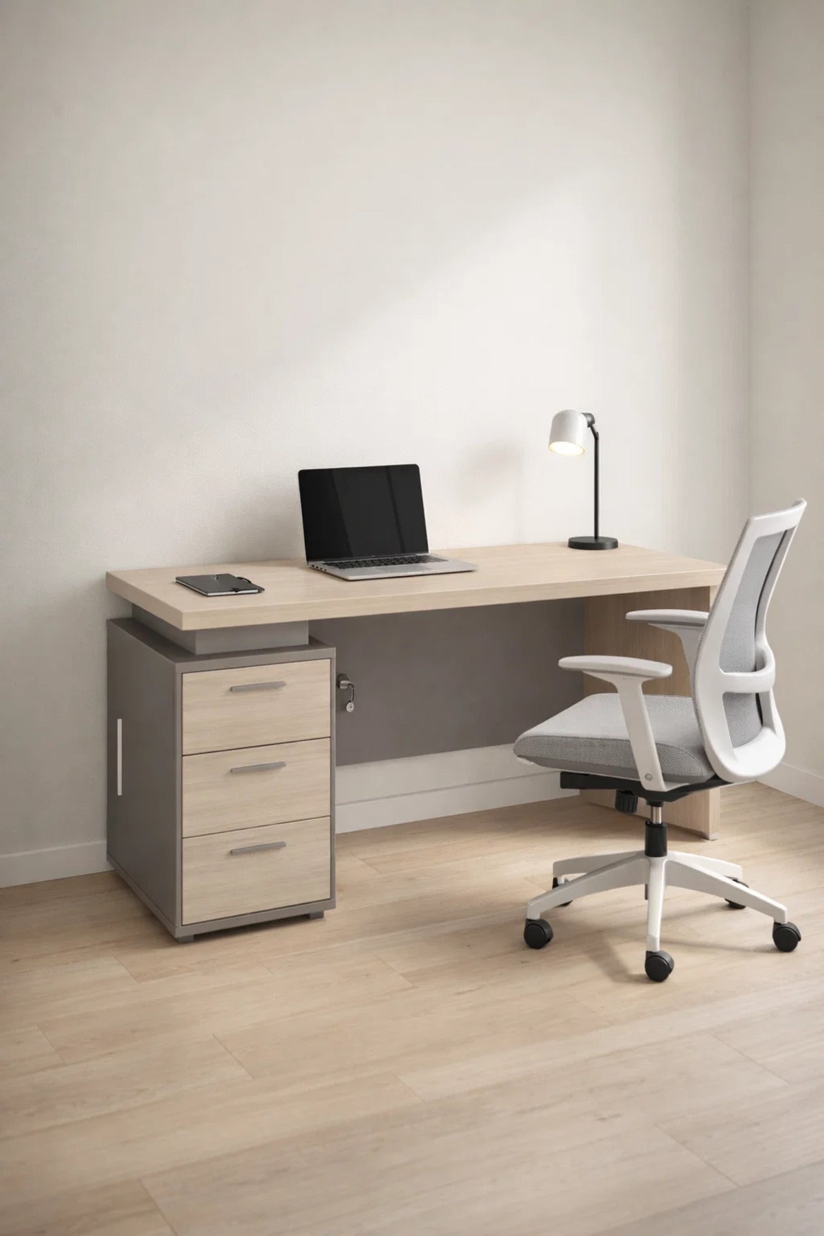 Modern Office Desk 120cm Light Wood Top with 3 Drawers & Lock Grey Frame Study Workstation