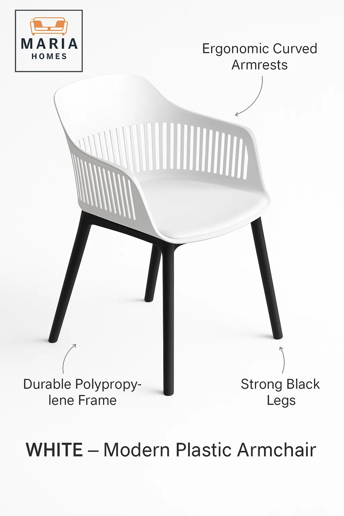 White Plastic Armchair with Black Legs Modern Ventilated Backrest Chair for Indoor & Outdoor Seating