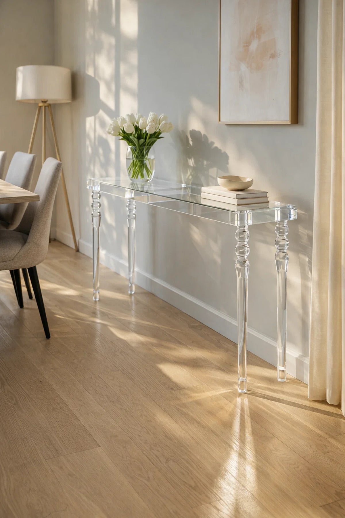Modern Clear Acrylic Console Table 140cm Transparent Hallway Furniture with Elegant Turned Legs