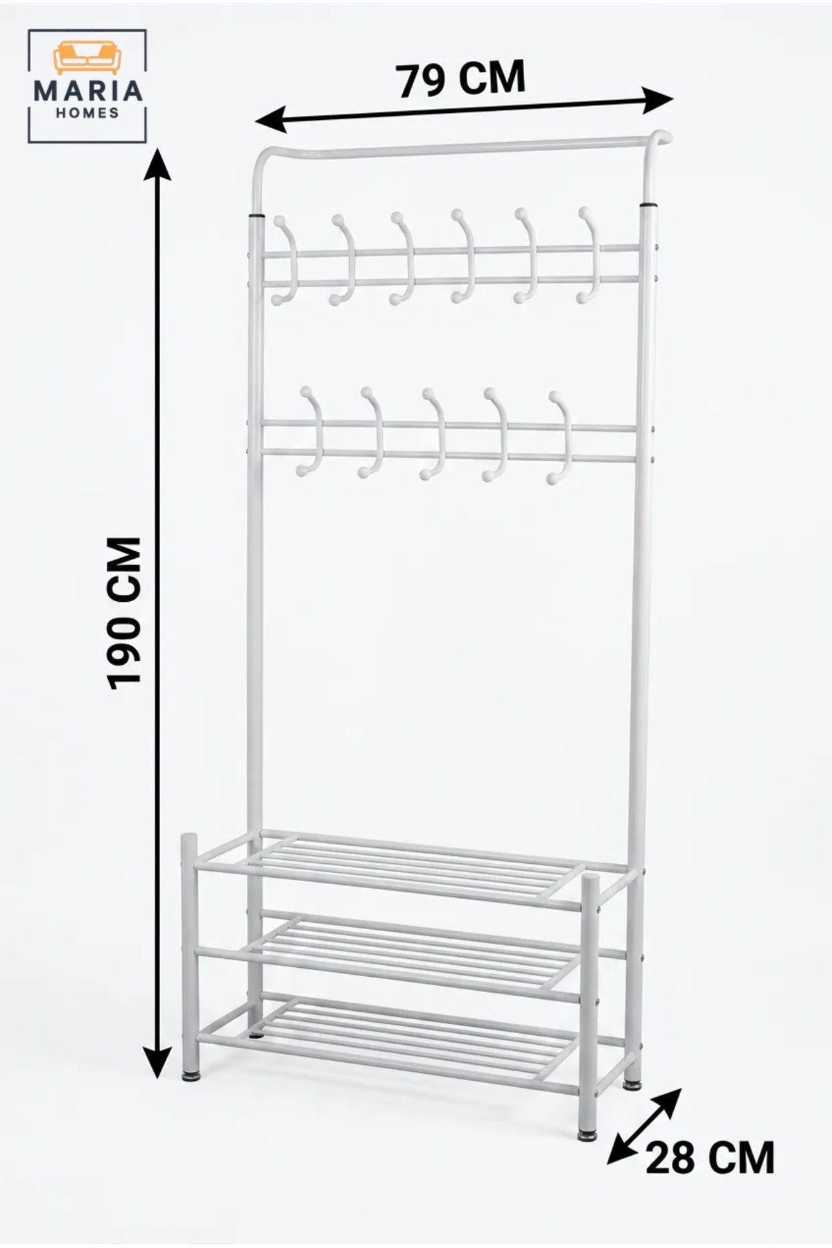 Freestanding Clothes Rack with Multiple Hanging Hooks and Three Storage Shelves, Garment Organiser for Bedroom, Dressing Room, Laundry Room and Boutique