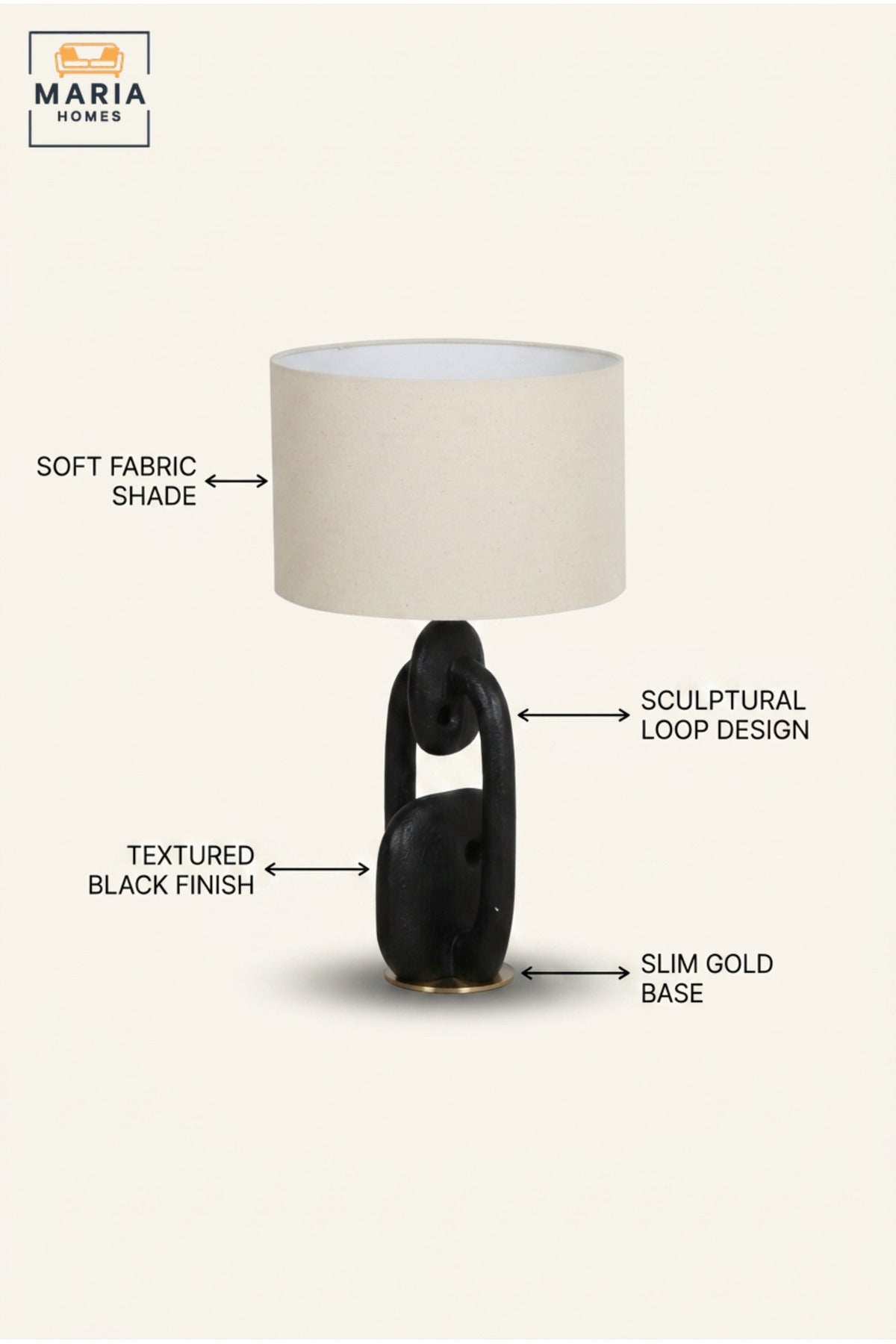 Modern Abstract Black Table Lamp with Beige Drum Fabric Shade and Sculptural Chain Link Base for Bedroom, Living Room, Office, Hotel and Bedside Décor
