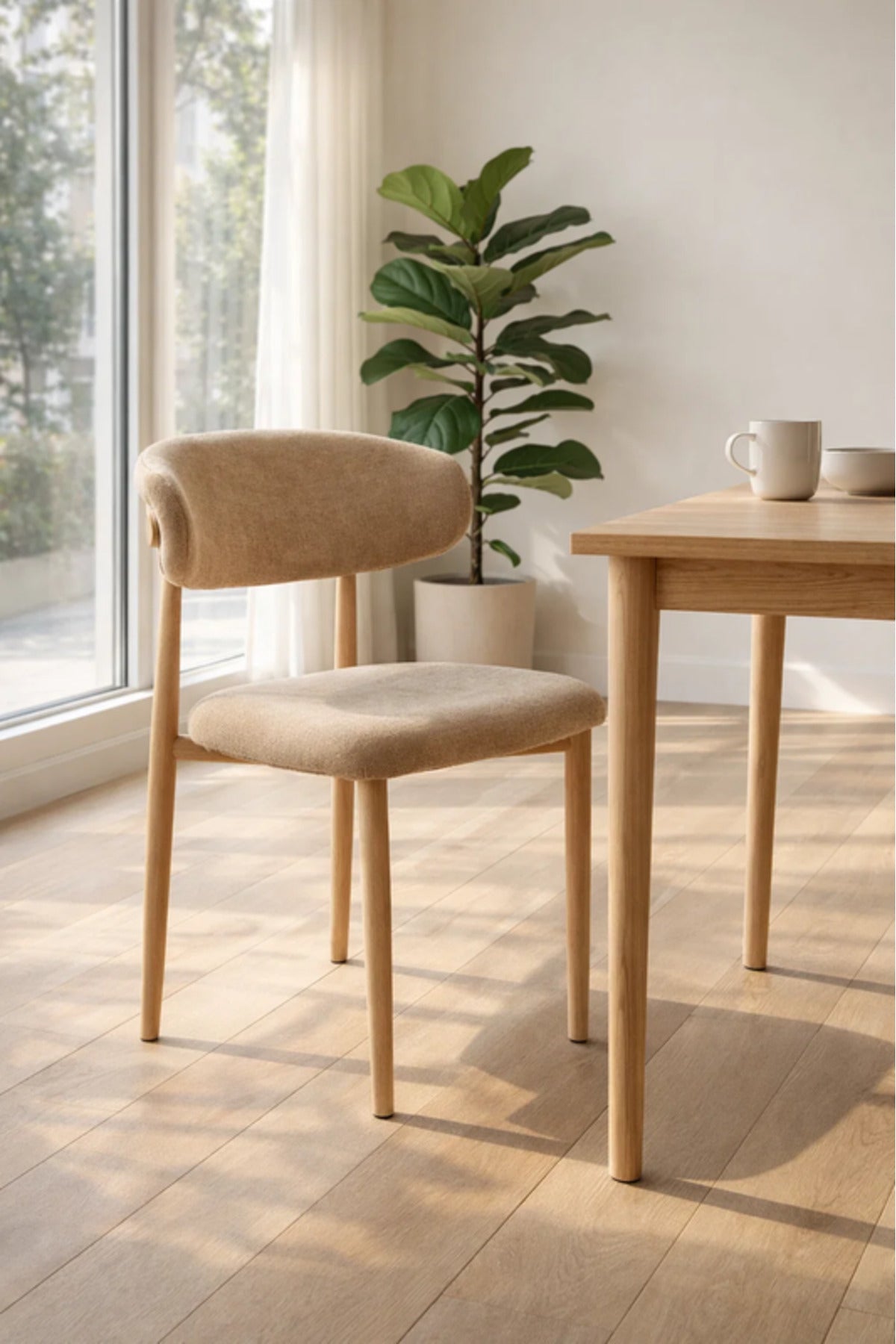 Modern Dark Beige Fabric Dining Chair with Curved Backrest & Solid Wood Legs