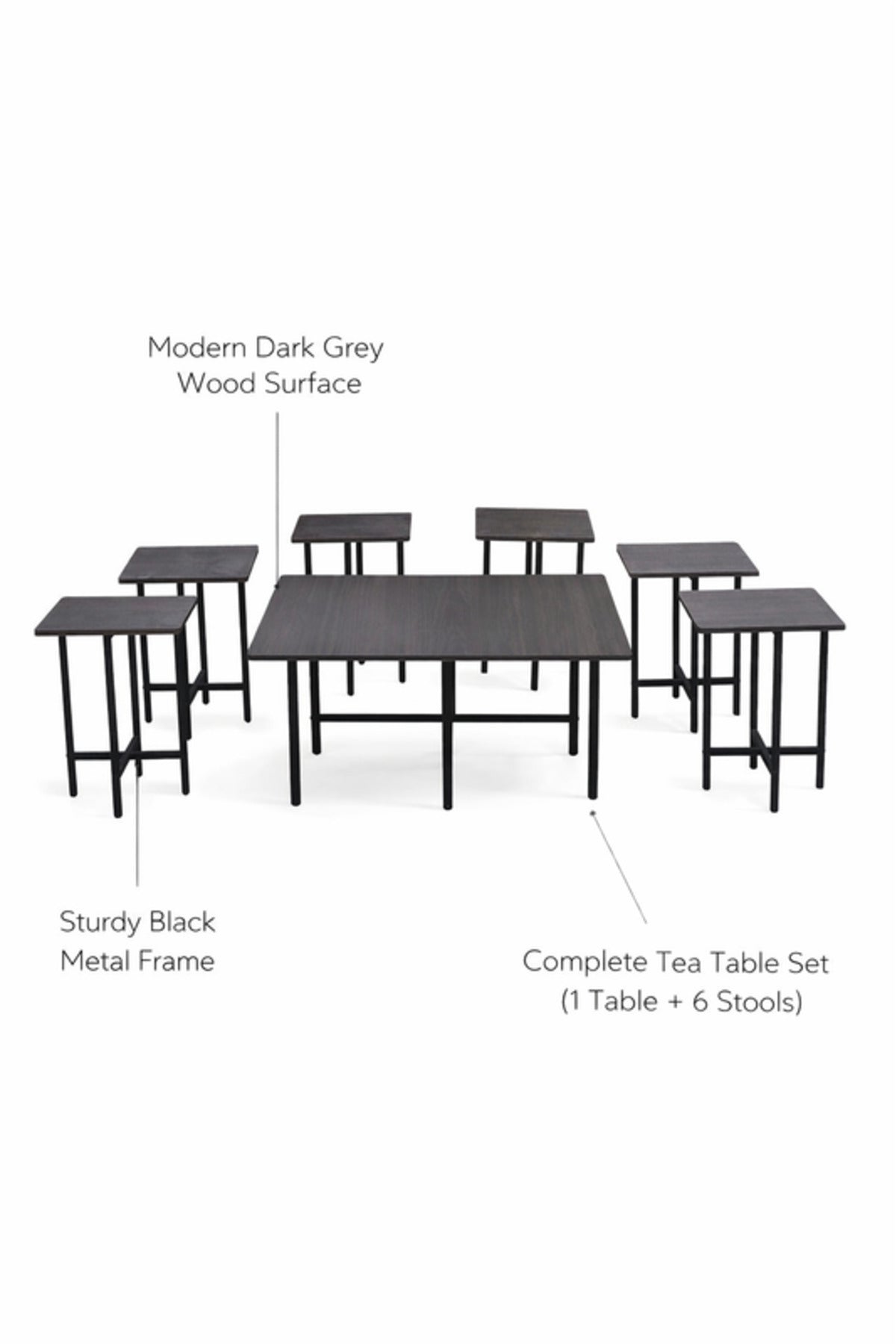 Dark Grey Coffee Table Set 1+6 with Metal Frame 90_90_45 cm 40_40_55 Side Tables dark