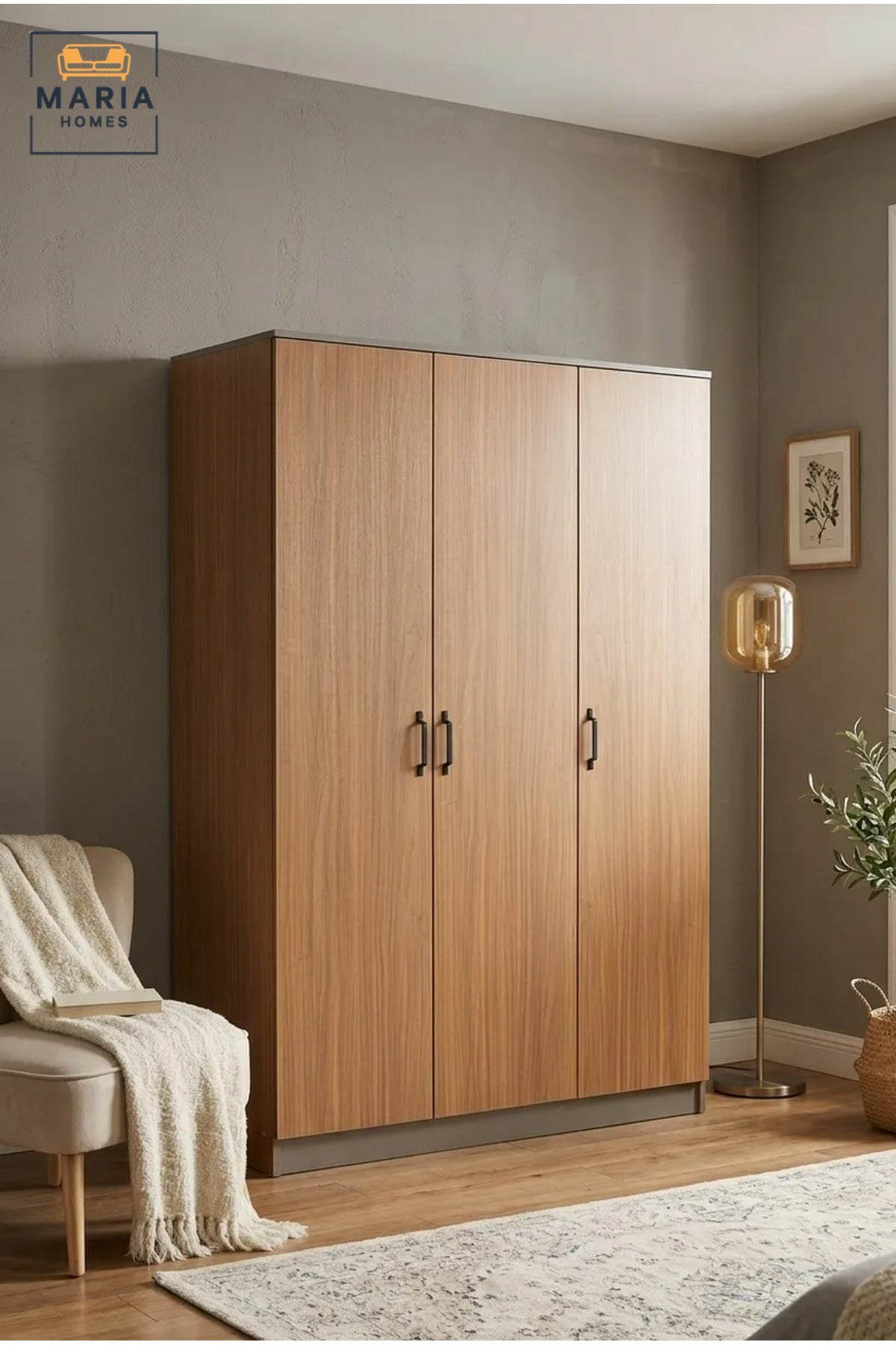 Modern 3-Door Wooden Wardrobe with Hanging Rail and Storage Shelves, Freestanding Bedroom Closet for Clothes, Accessories and Linen Organization