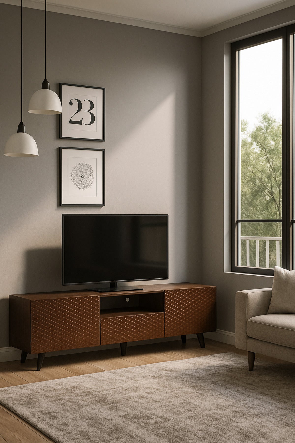 Brown Wooden TV Stand 180_40_61 cm Ð Modern Textured Design TV Unit with Storage Cabinets