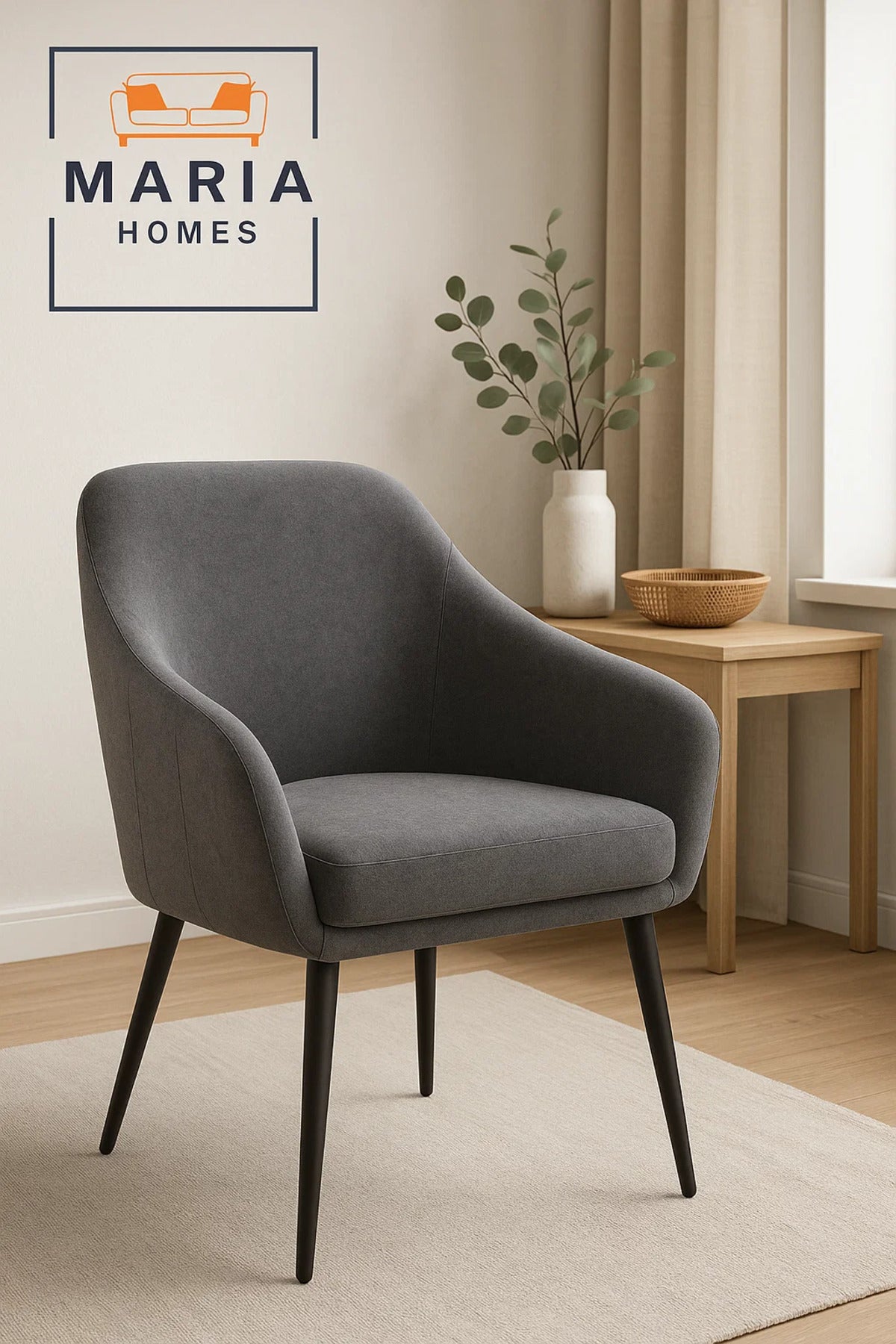 Dark Grey Fabric Armchair Ð Upholstered Modern Lounge Chair with Black Legs for Home or Office