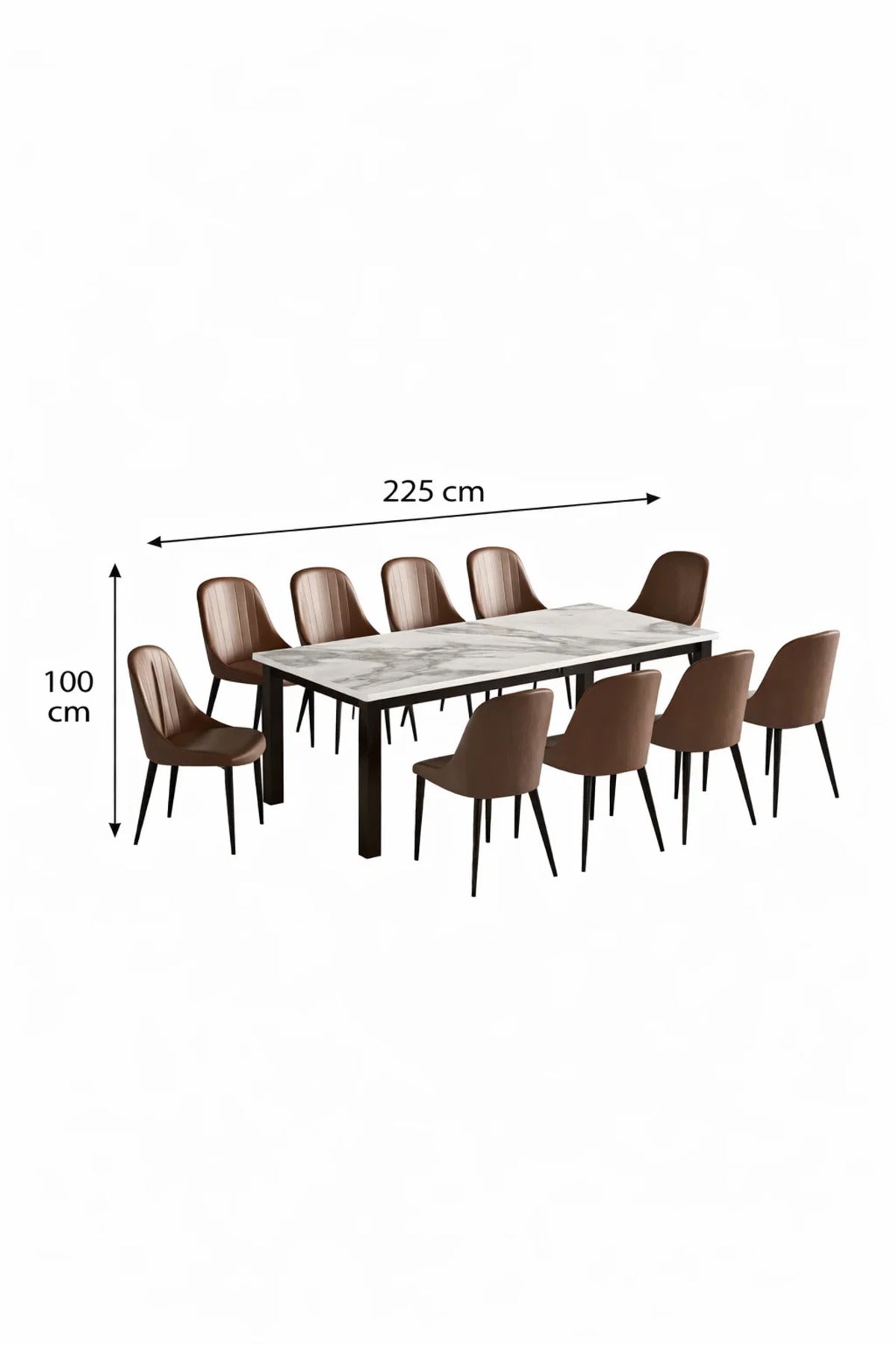 Modern 11-Piece Dining Room Set Marble Pattern Table 225cm with 10 Upholstered Chairs Brown