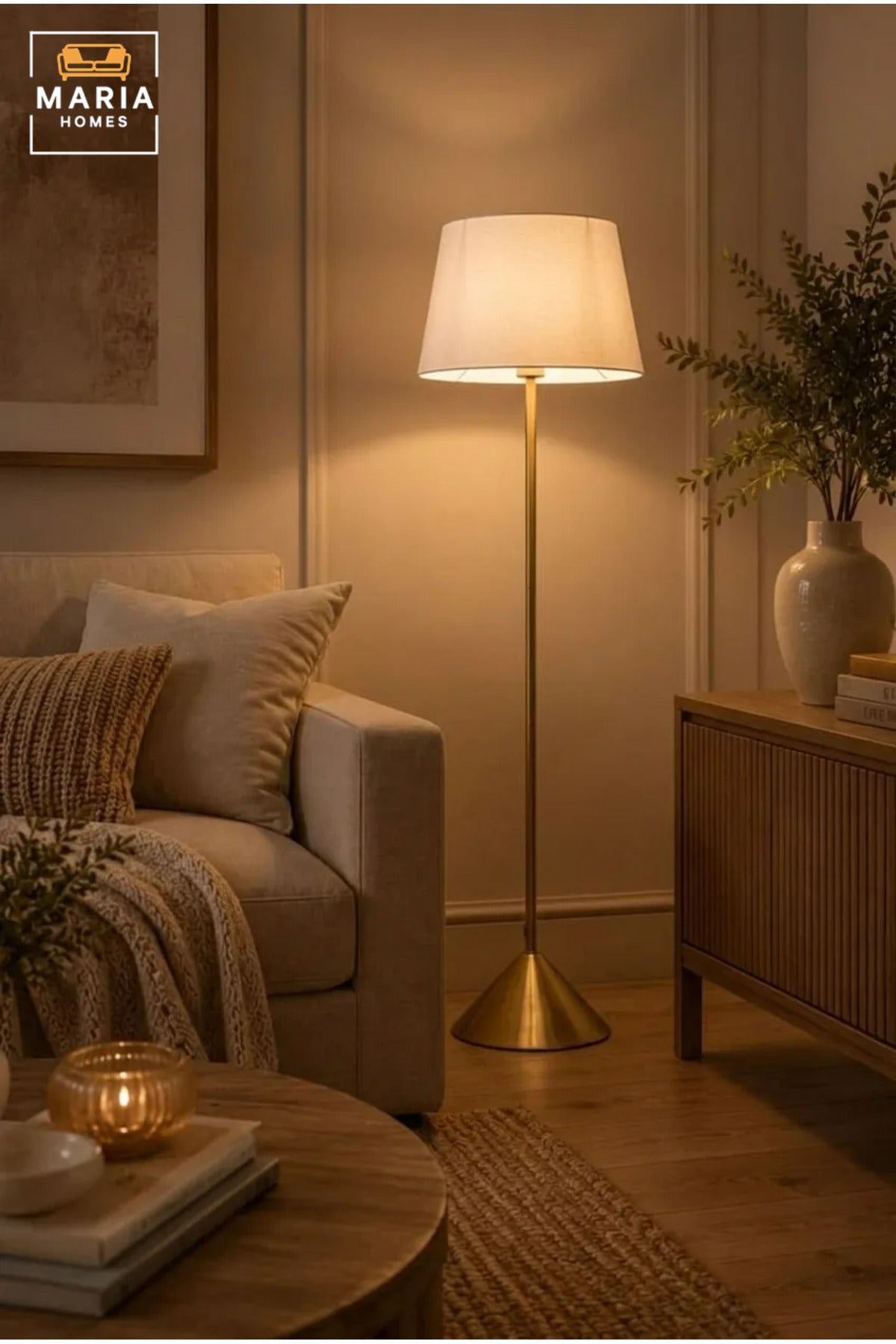 Modern Brass Floor Lamp with Fabric Shade and Sculptural Base, Elegant Freestanding Standing Light for Living Room, Bedroom, Reading Corner and Office