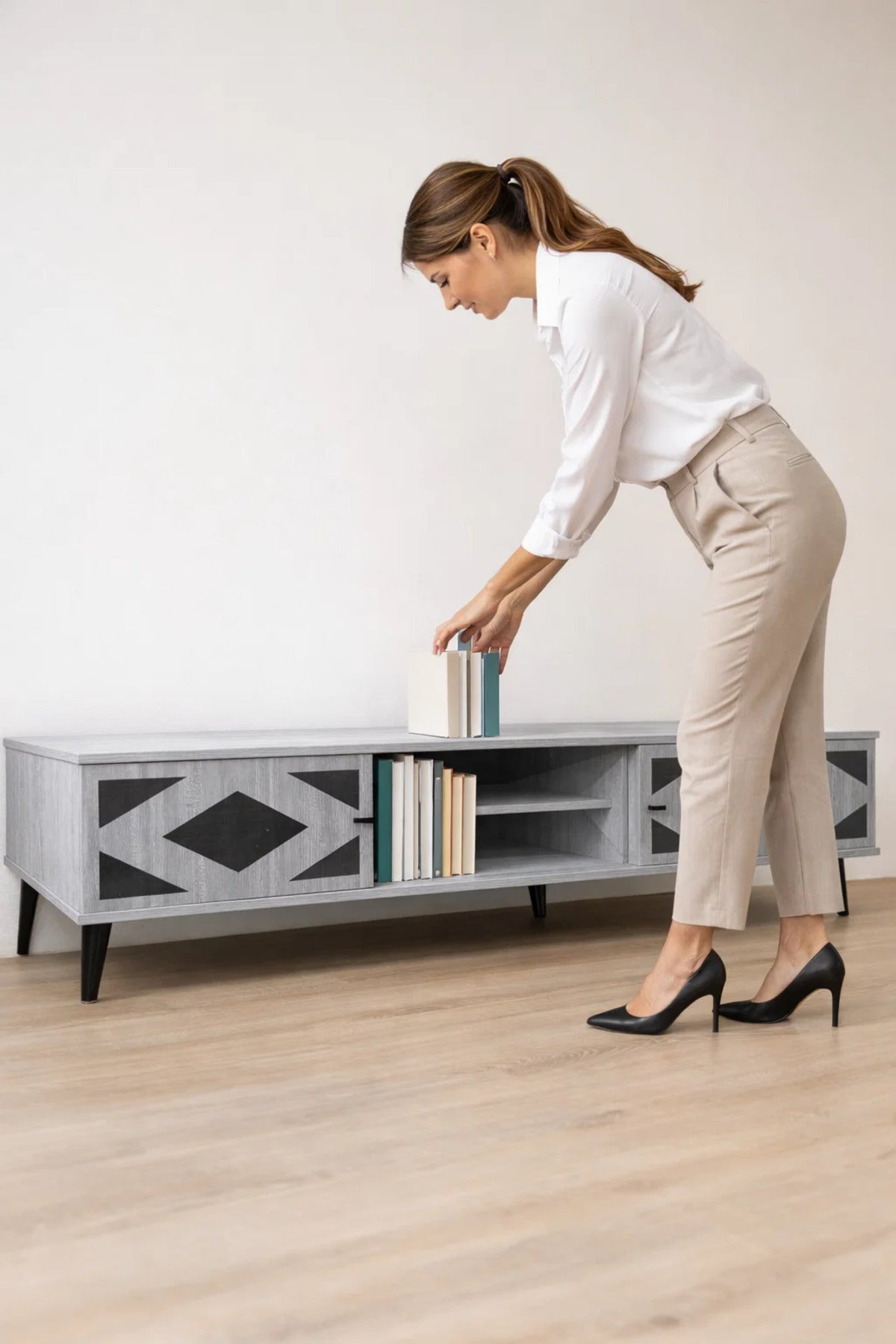 Stylish 180cm TV Table Media Stand with Geometric Pattern Doors and Open Storage for Living Room Art
