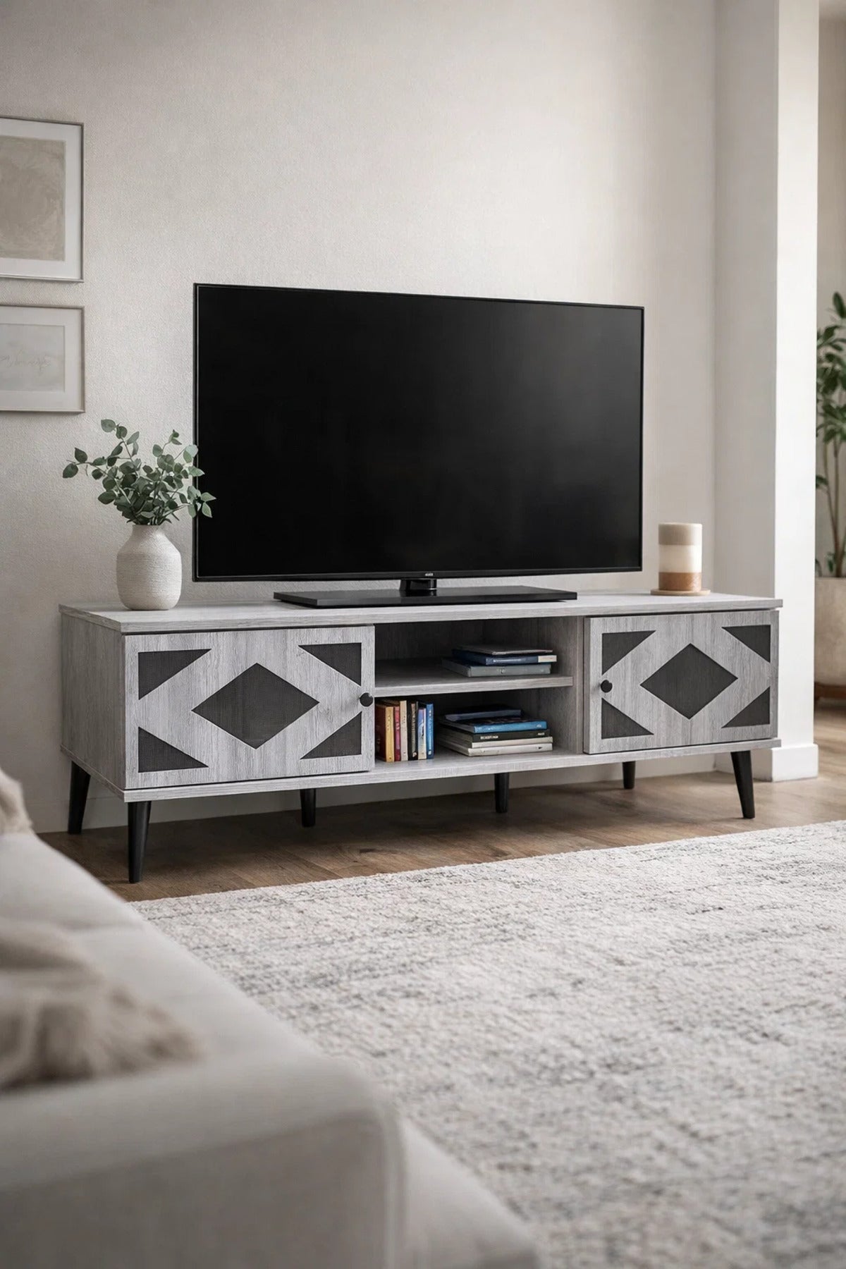 Modern Grey Wooden TV Stand Media Console 160cm with Storage Cabinets for Living Room Area