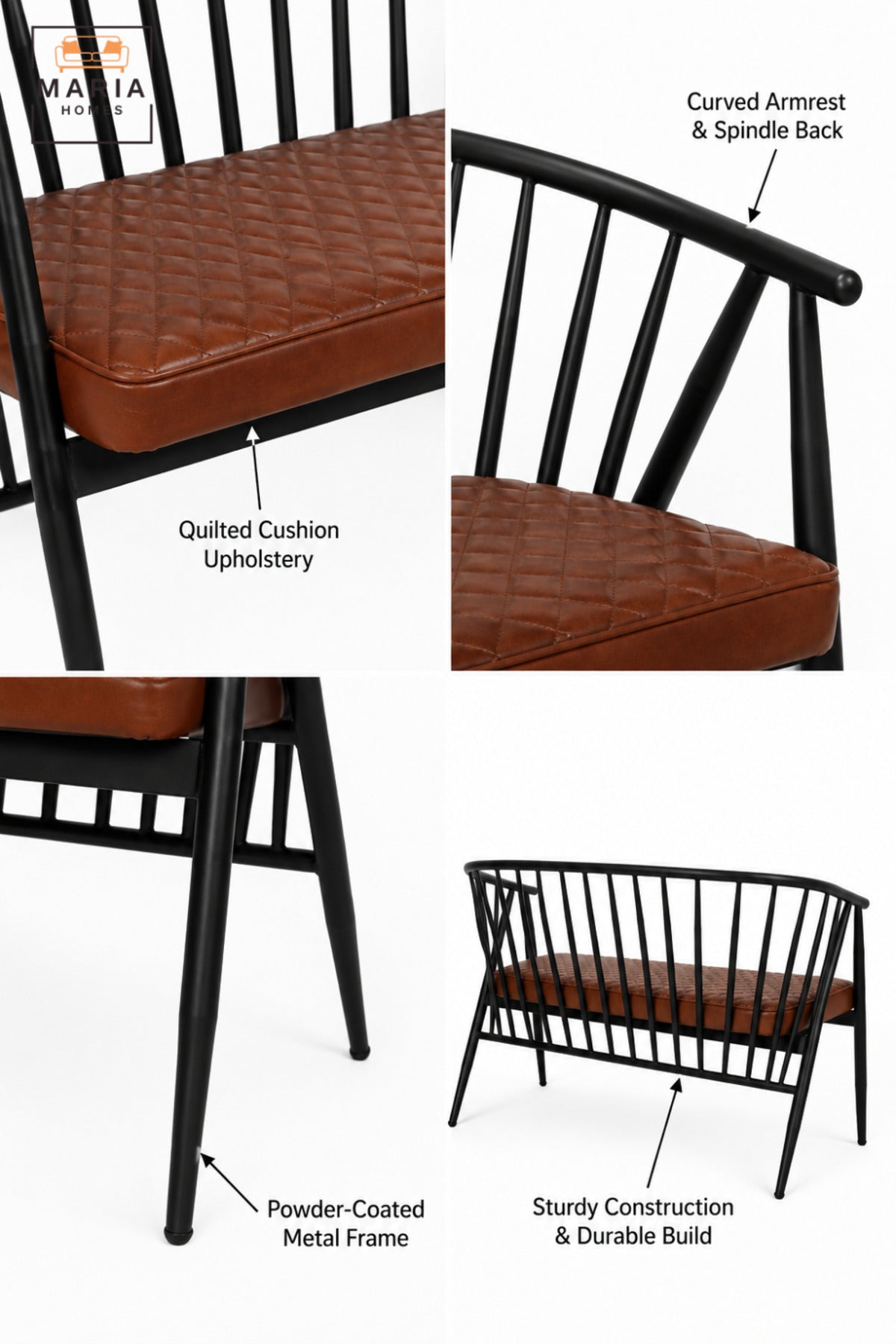 Modern 2 Seater Waiting Bench with Padded Seat, Curved Spindle Backrest and Armrests for Reception, Lounge, Office, Café & Guest Area