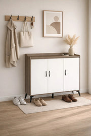 Modern Brown and White Shoe Cabinet Three Door Storage Organizer for Entryway Hallway 120x35x95cm
