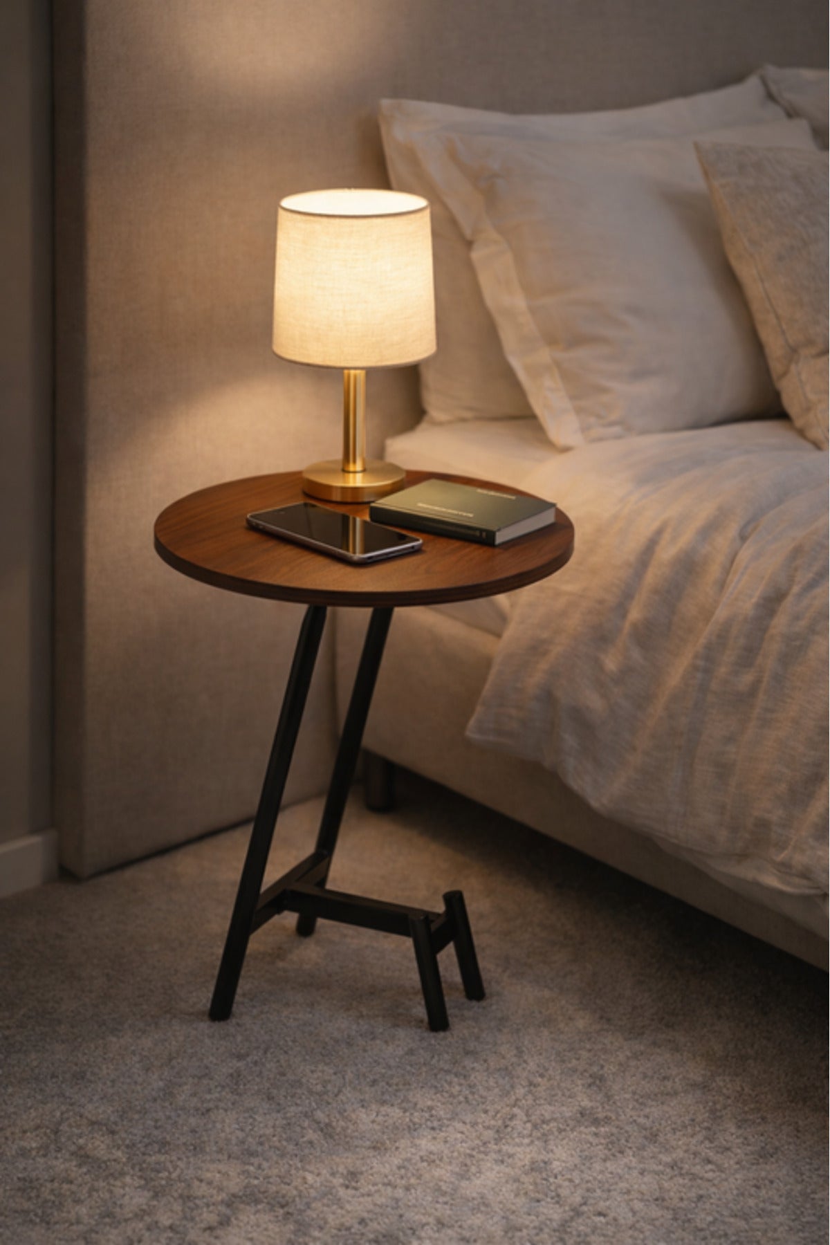 Stylish Brown Wood Side Table with Black Metal Base, 45x45x60 CM stylish brown wood