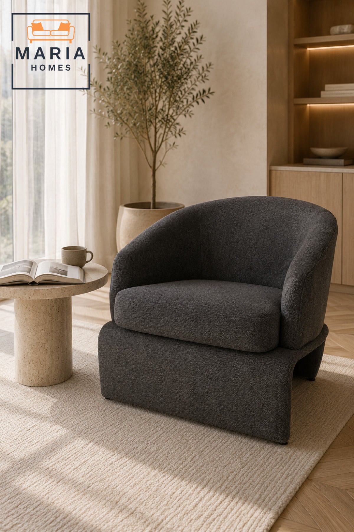 Dark Grey Barrel Accent Chair Ð Modern Upholstered Lounge Chair for Living Room, Bedroom, Hotel & Reception Area