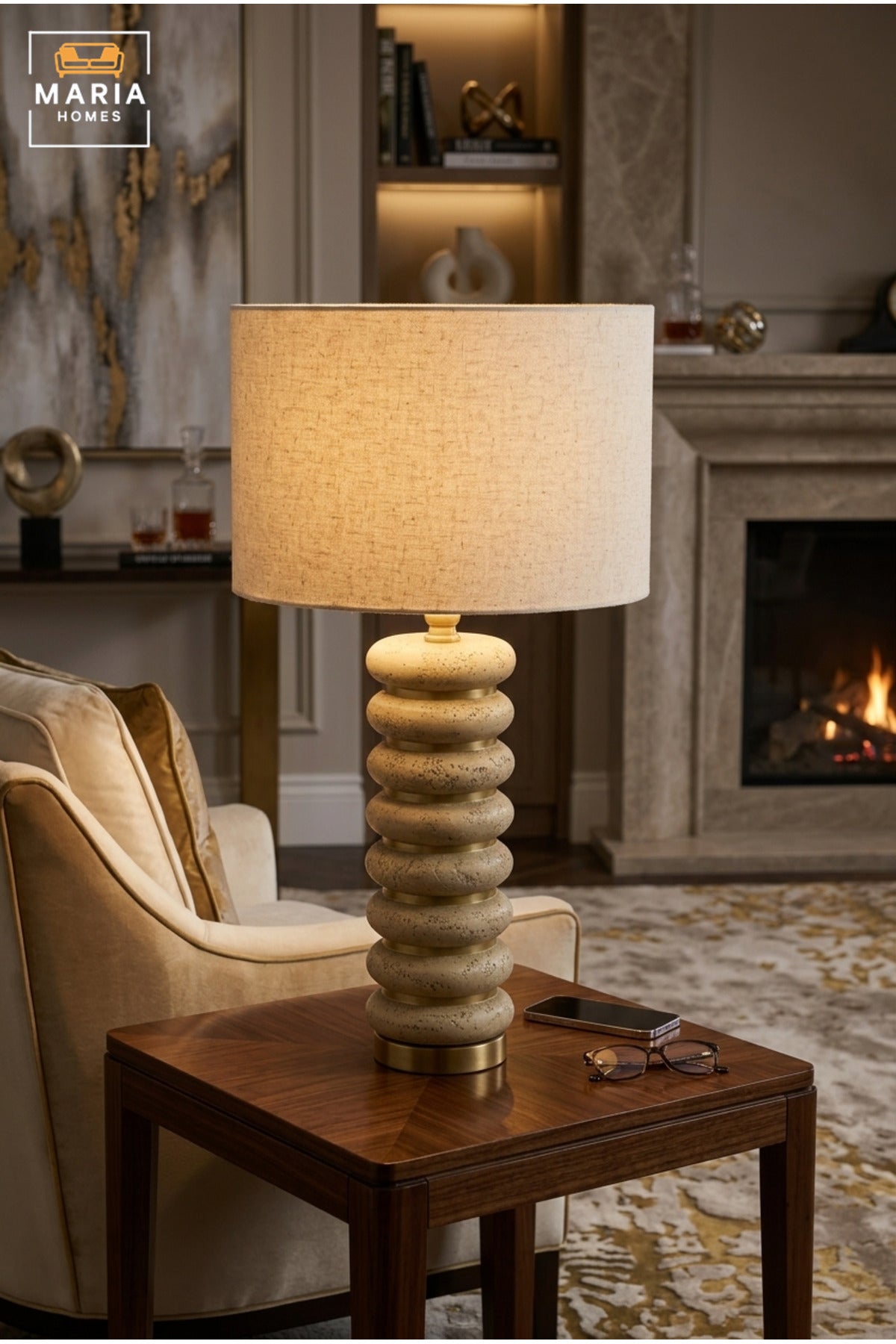 Modern Sculptural Table Lamp with Beige Drum Fabric Shade, Stacked Ring Textured Base and Gold Tone Accents for Bedroom, Living Room, Office and Hotel