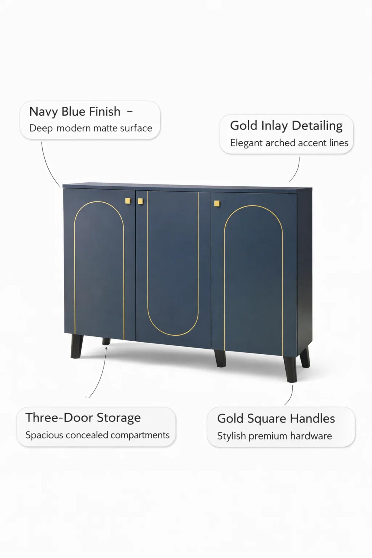 Modern Navy Blue Shoe Cabinet 3-Door Entryway Storage Organizer with Gold Trim 100x35x95cm