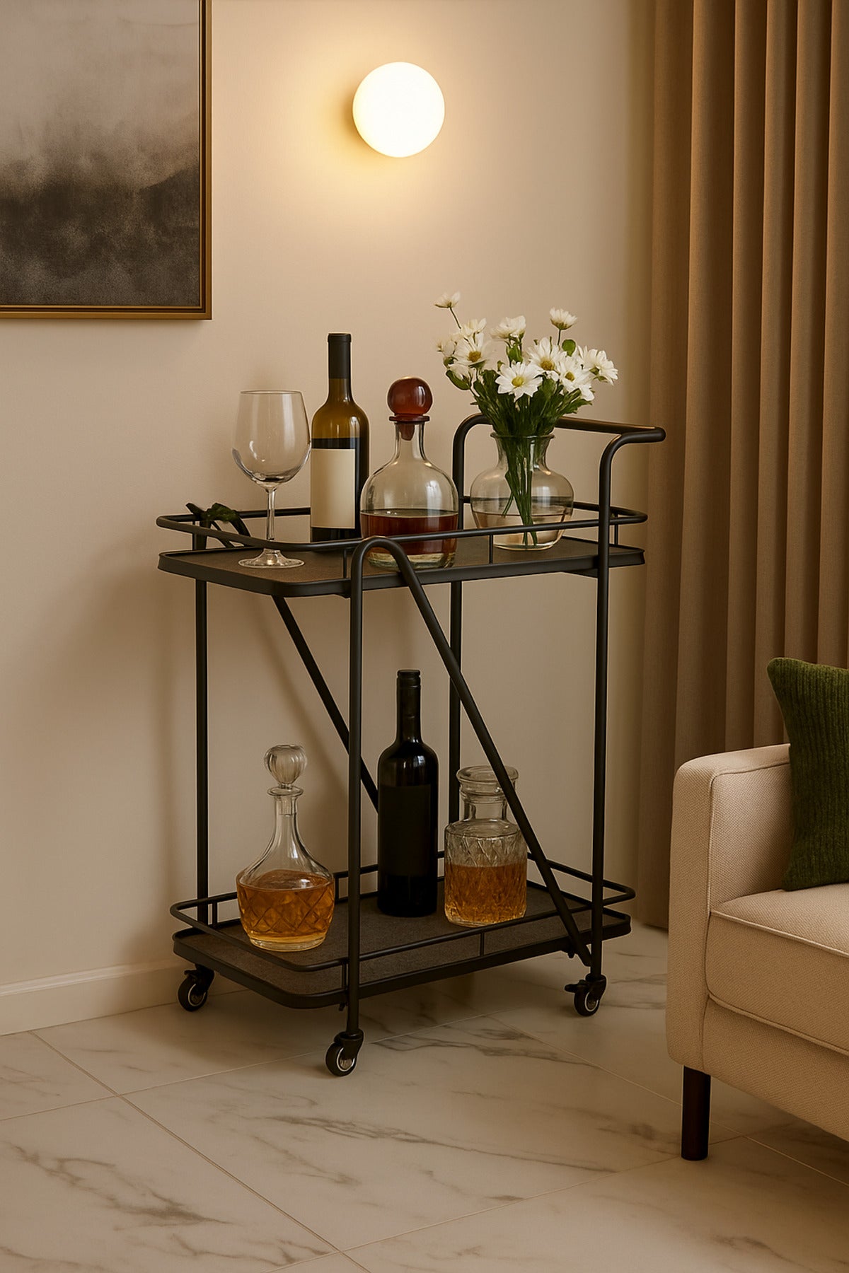 Modern Black Serving Trolley with 2Tier Shelves and Wheels Cart for Kitchen, Dining, or Living Room