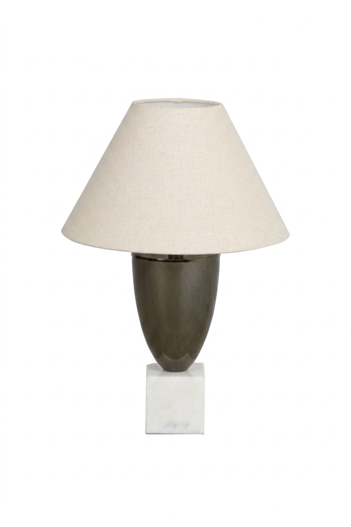 Luxury Dark Grey Table Lamp with Beige Fabric Shade, Sculptural Oval Body and White Marble Cube Base for Bedroom, Living Room, Office and Hotel Décor