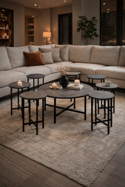 Modern 7-Piece Round Coffee Table Set Grey Wood Finish Black Metal Frame Living Room Furniture