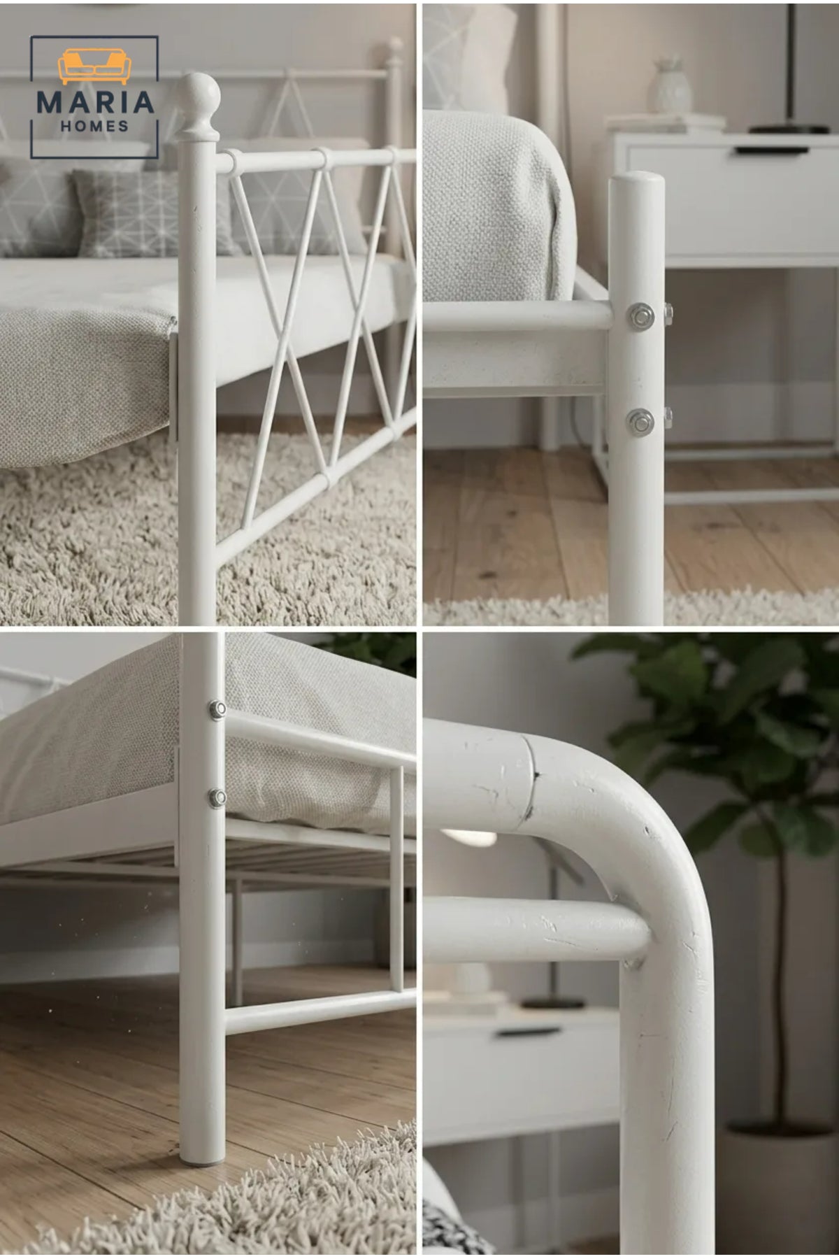 Modern White Metal Bed Frame 140_200 cm √ê Platform Bed with Geometric Headboard, Heavy Duty Mattress Foundation