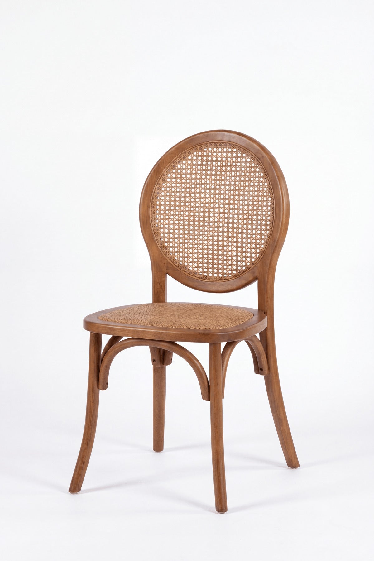 Antique Brown Wooden Dining Chair with Round Cane Back and Woven Seat