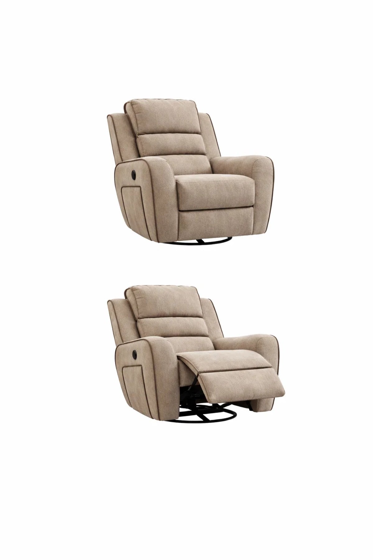 Premium Light Brown Fabric Swivel Rocker Recliner Chair with Contrast Piping for Living Room